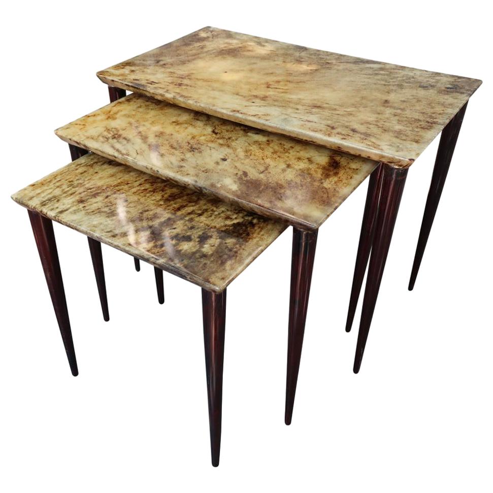 Aldo Tura 3 Parchment, Lacquered Wood and Brass Midcentury Occasional Tables For Sale