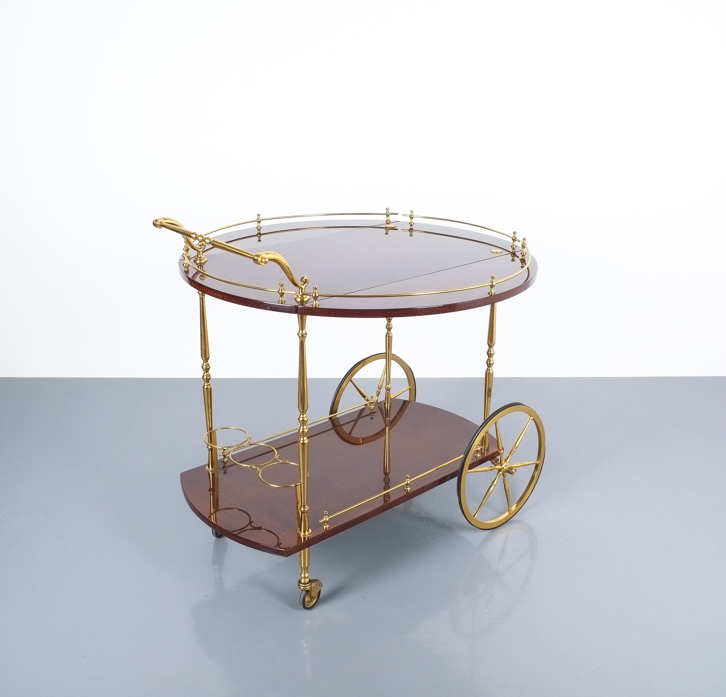 Mid-Century Modern Aldo Tura Adjustable Brown Parchment Brass Bar Cart, 1960
