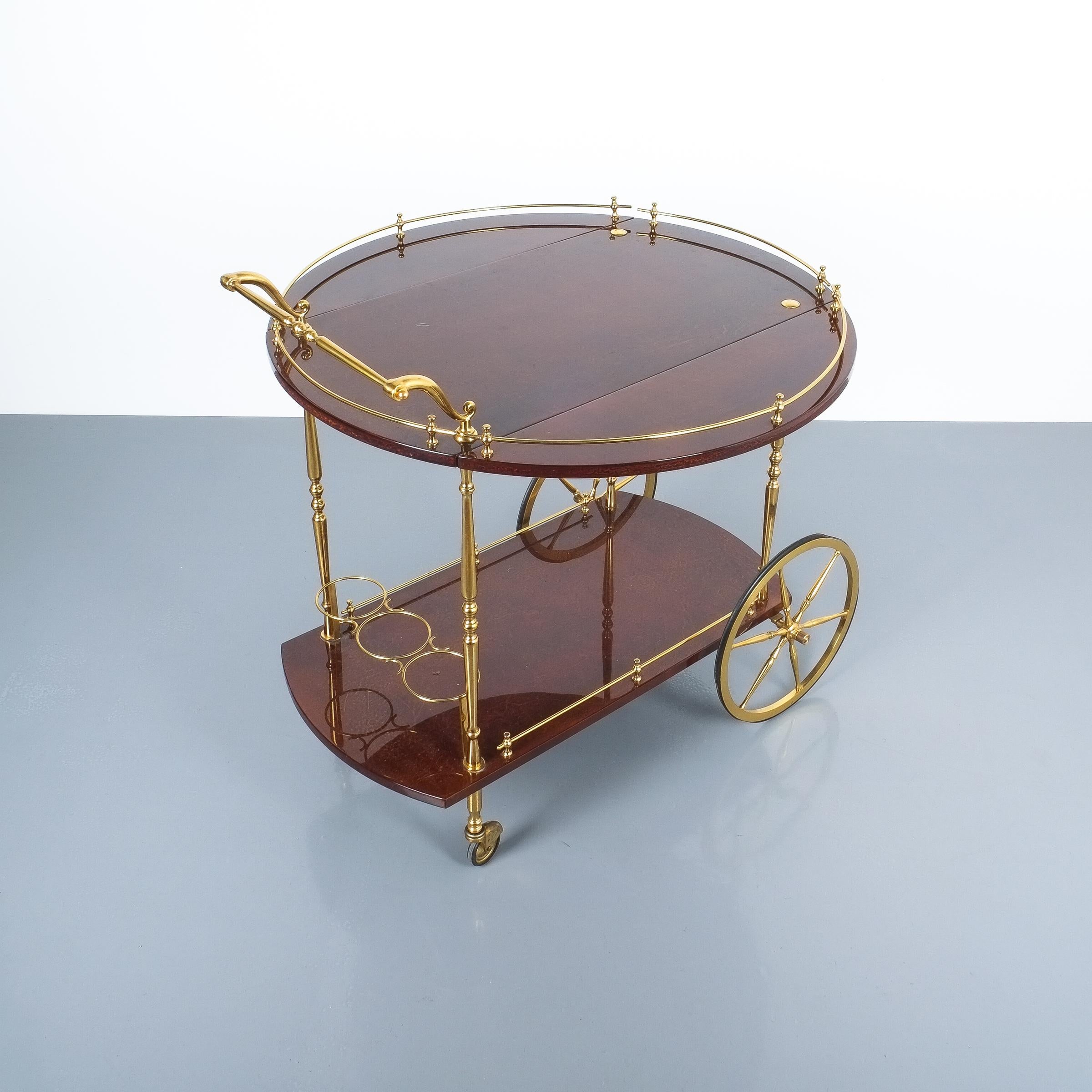 Italian Aldo Tura Adjustable Brown Parchment Brass Bar Cart, 1960