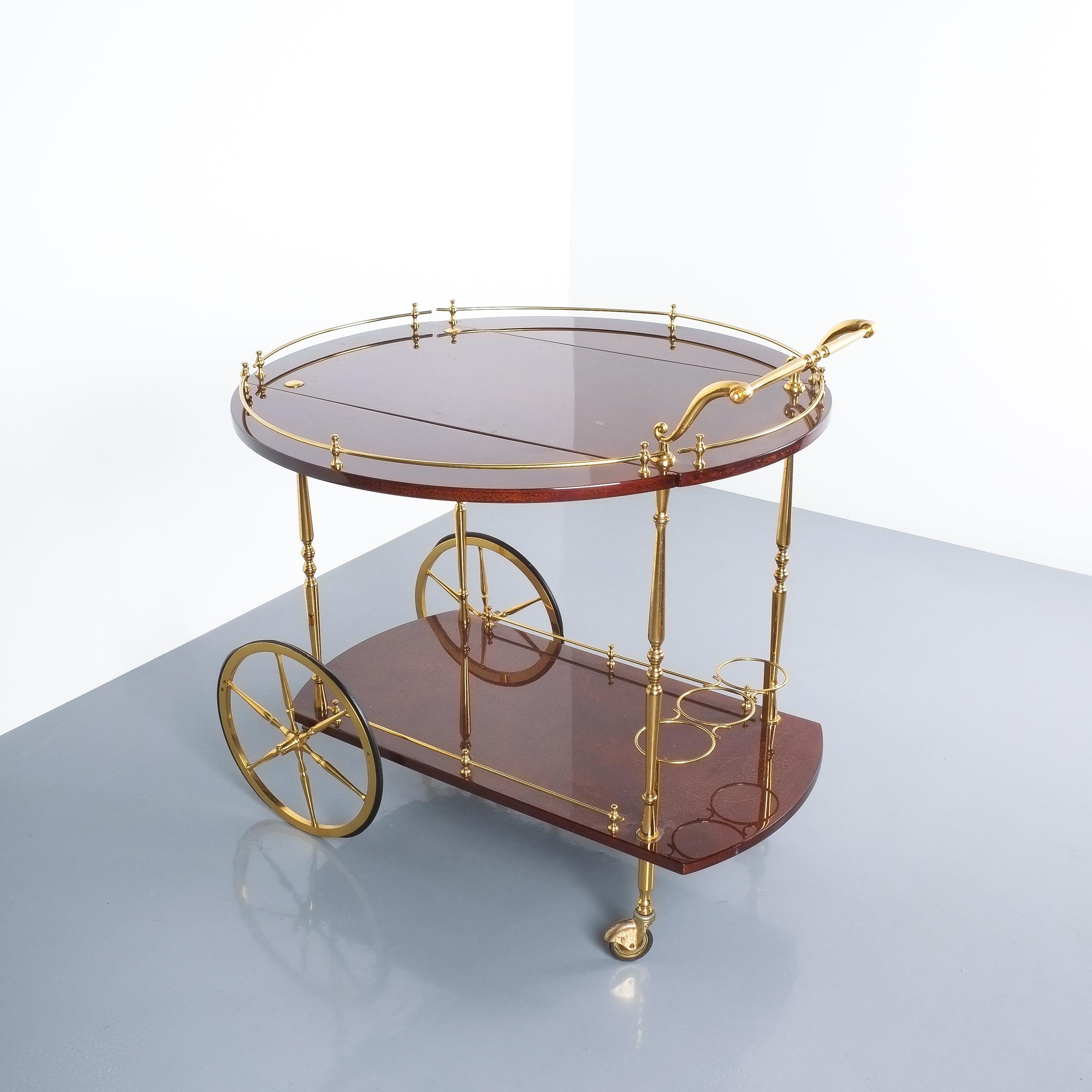 Mid-20th Century Aldo Tura Adjustable Brown Parchment Brass Bar Cart, 1960