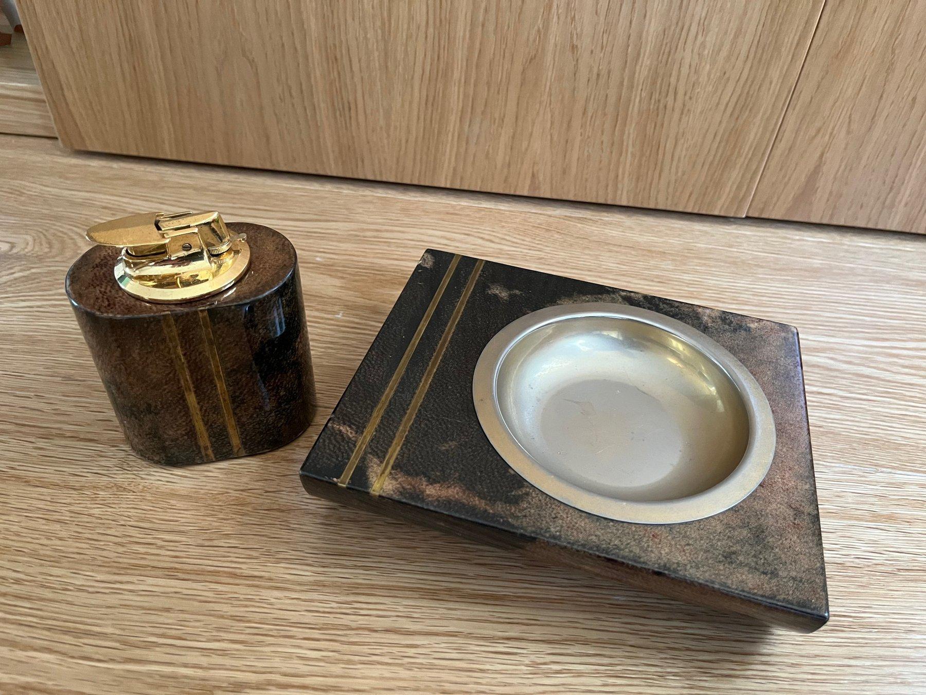 Brutalist Aldo Tura ashtray and lighter in goatskin veneer with brass elements For Sale