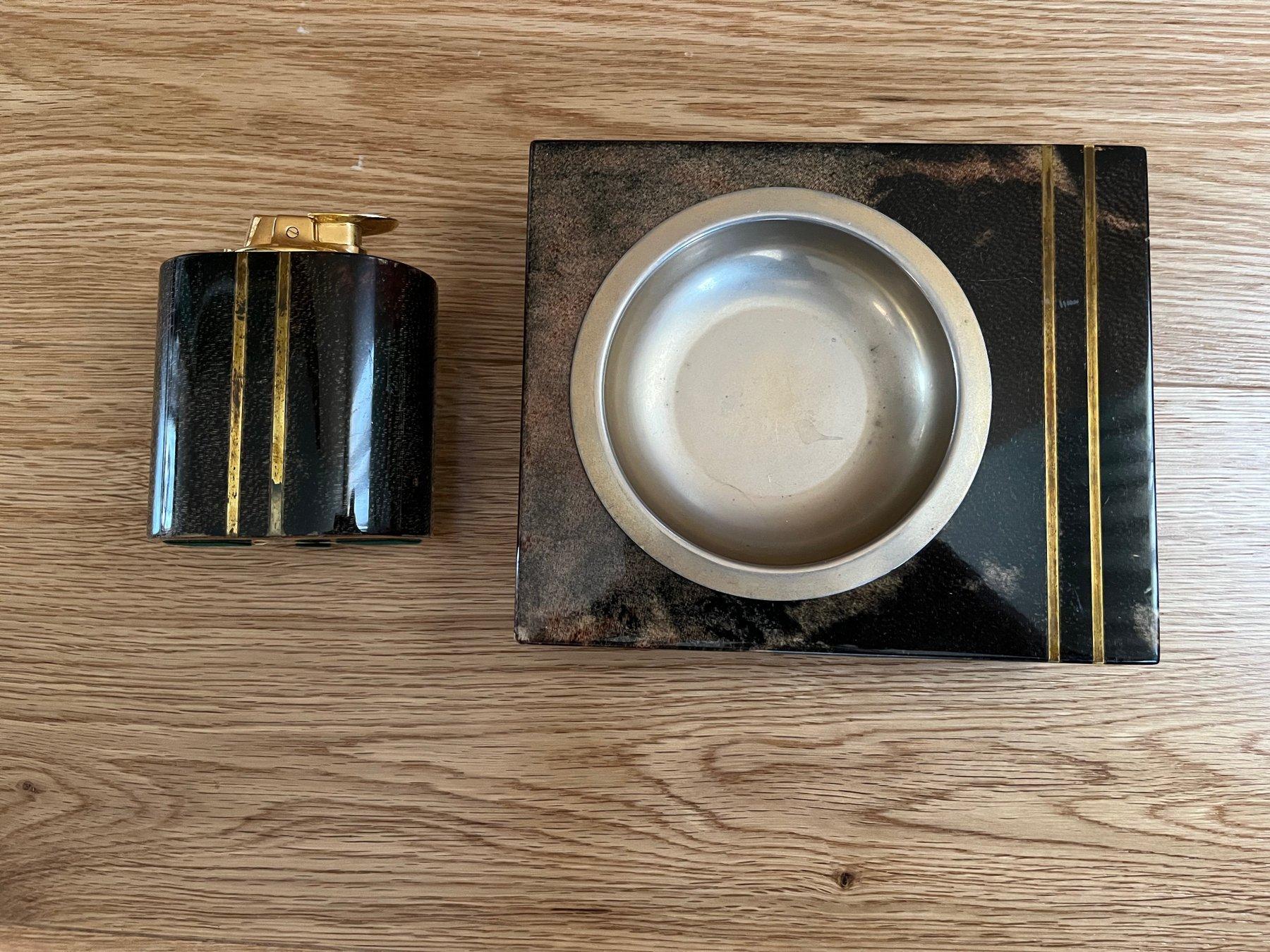 Italian Aldo Tura ashtray and lighter in goatskin veneer with brass elements For Sale