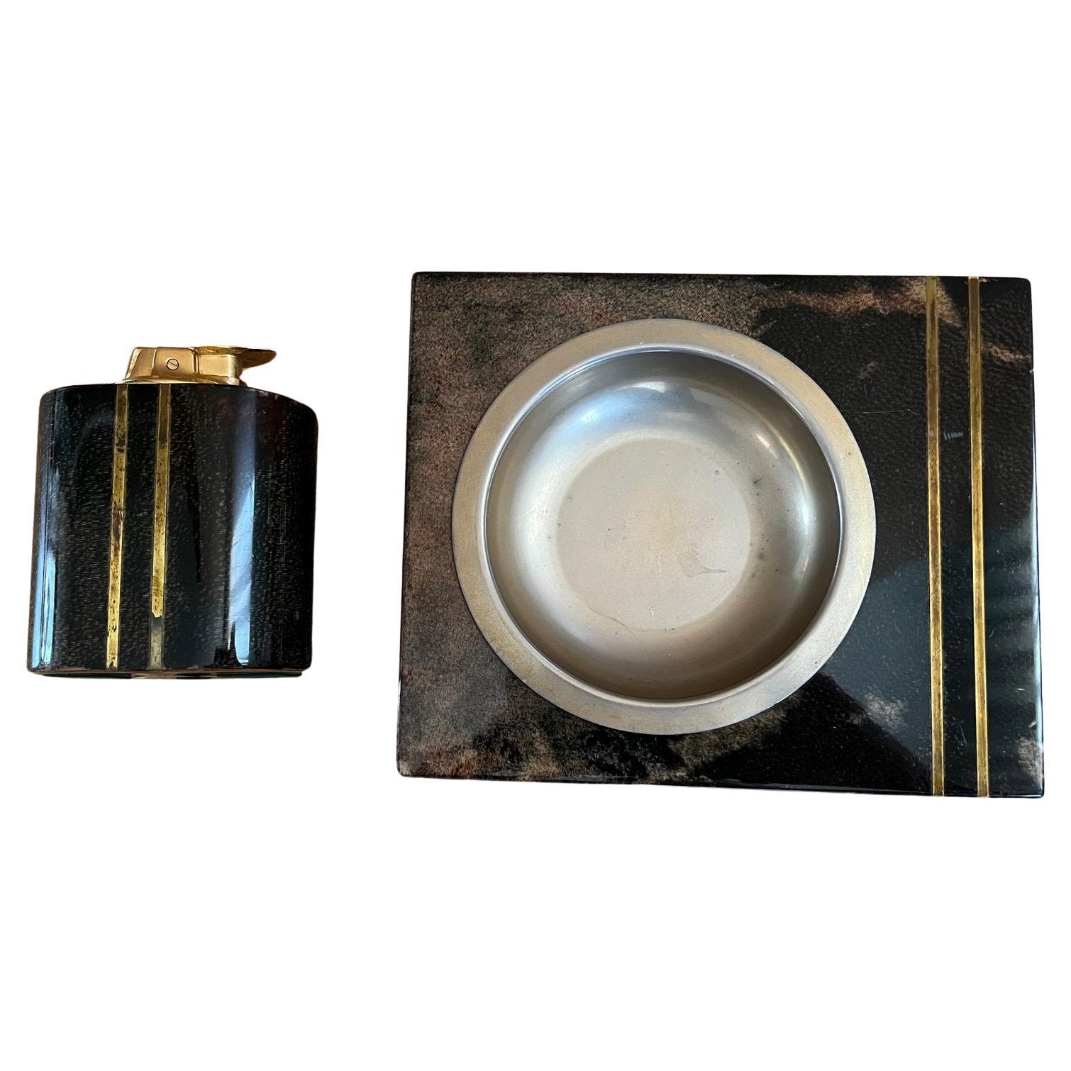 Aldo Tura ashtray and lighter in goatskin veneer with brass elements For Sale