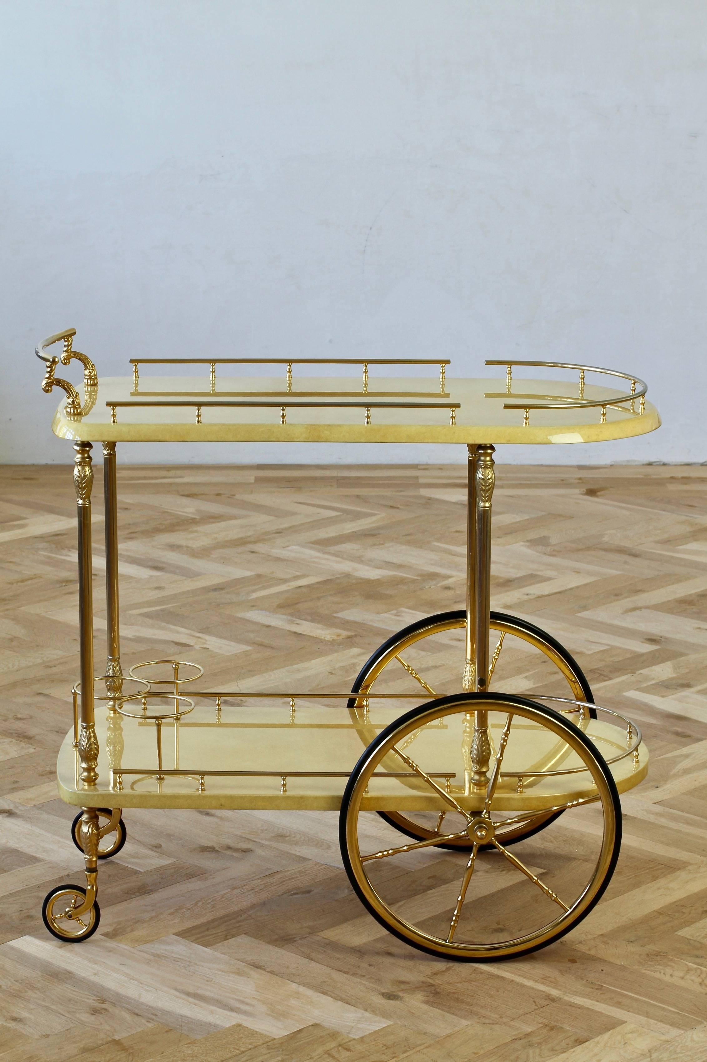 Aldo Tura Attributed 1950s Bar Cart, Trolley or Stand in Cream Italian Goatskin 3