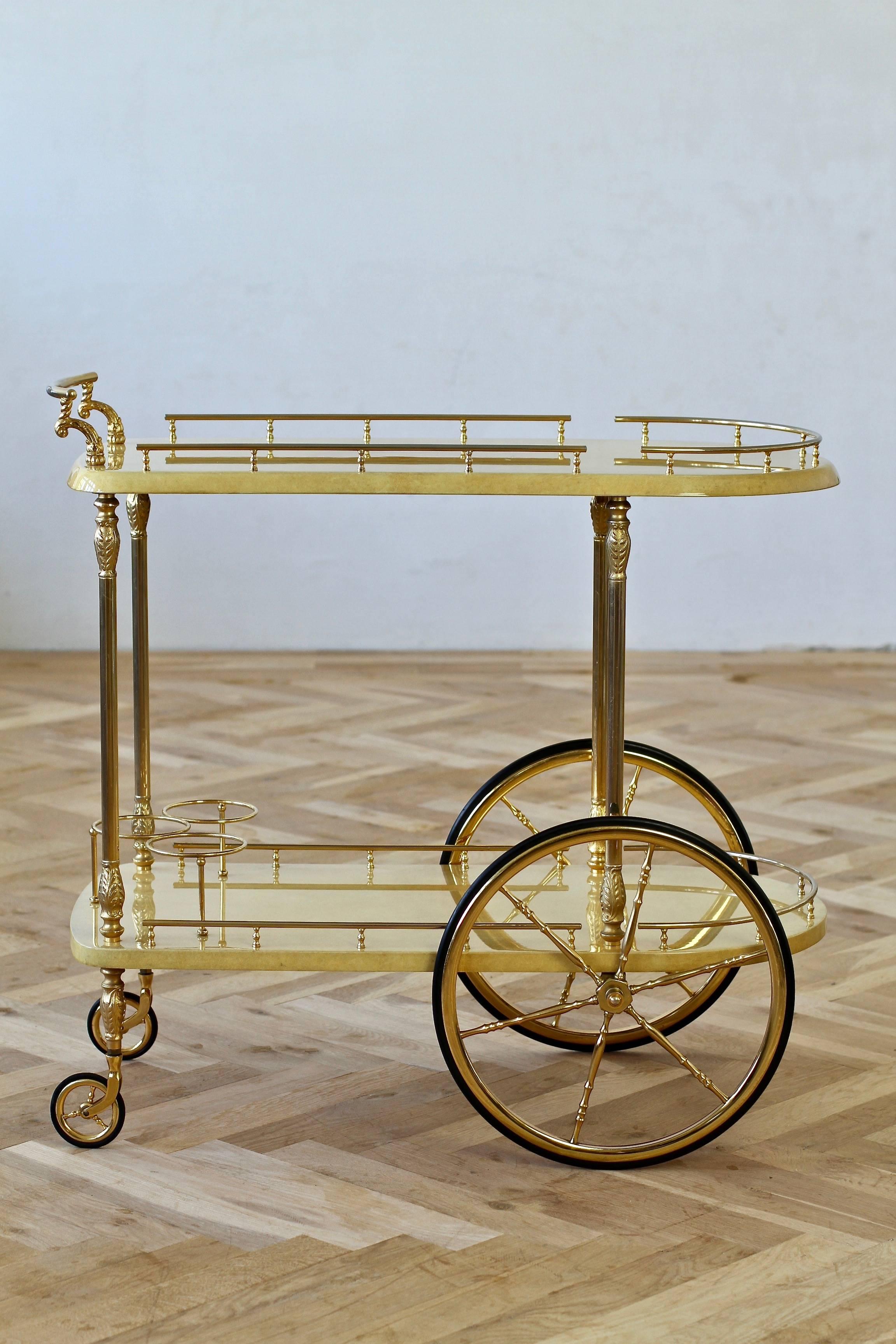 Aldo Tura Attributed 1950s Bar Cart, Trolley or Stand in Cream Italian Goatskin 4