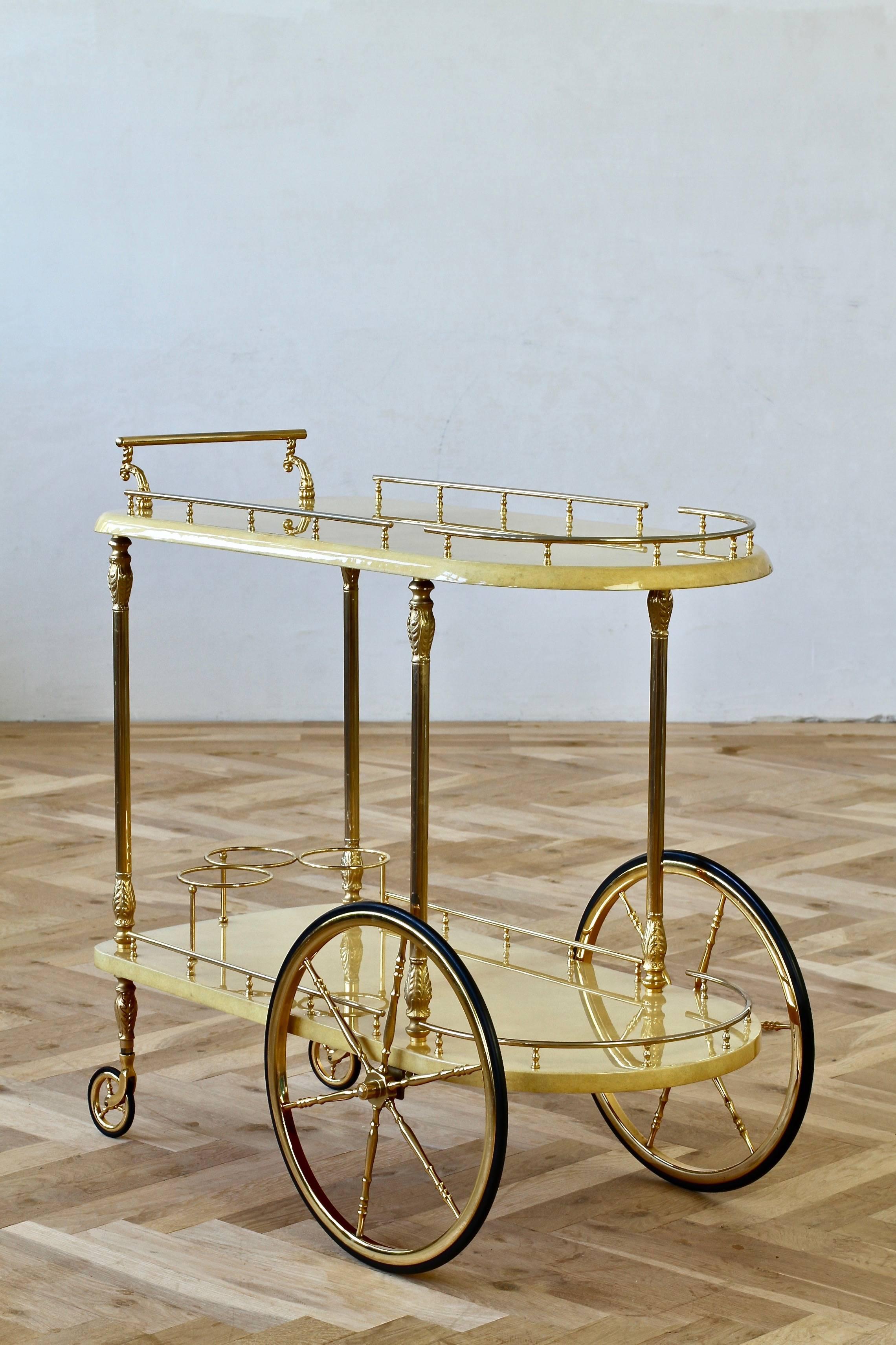 Aldo Tura Attributed 1950s Bar Cart, Trolley or Stand in Cream Italian Goatskin 7