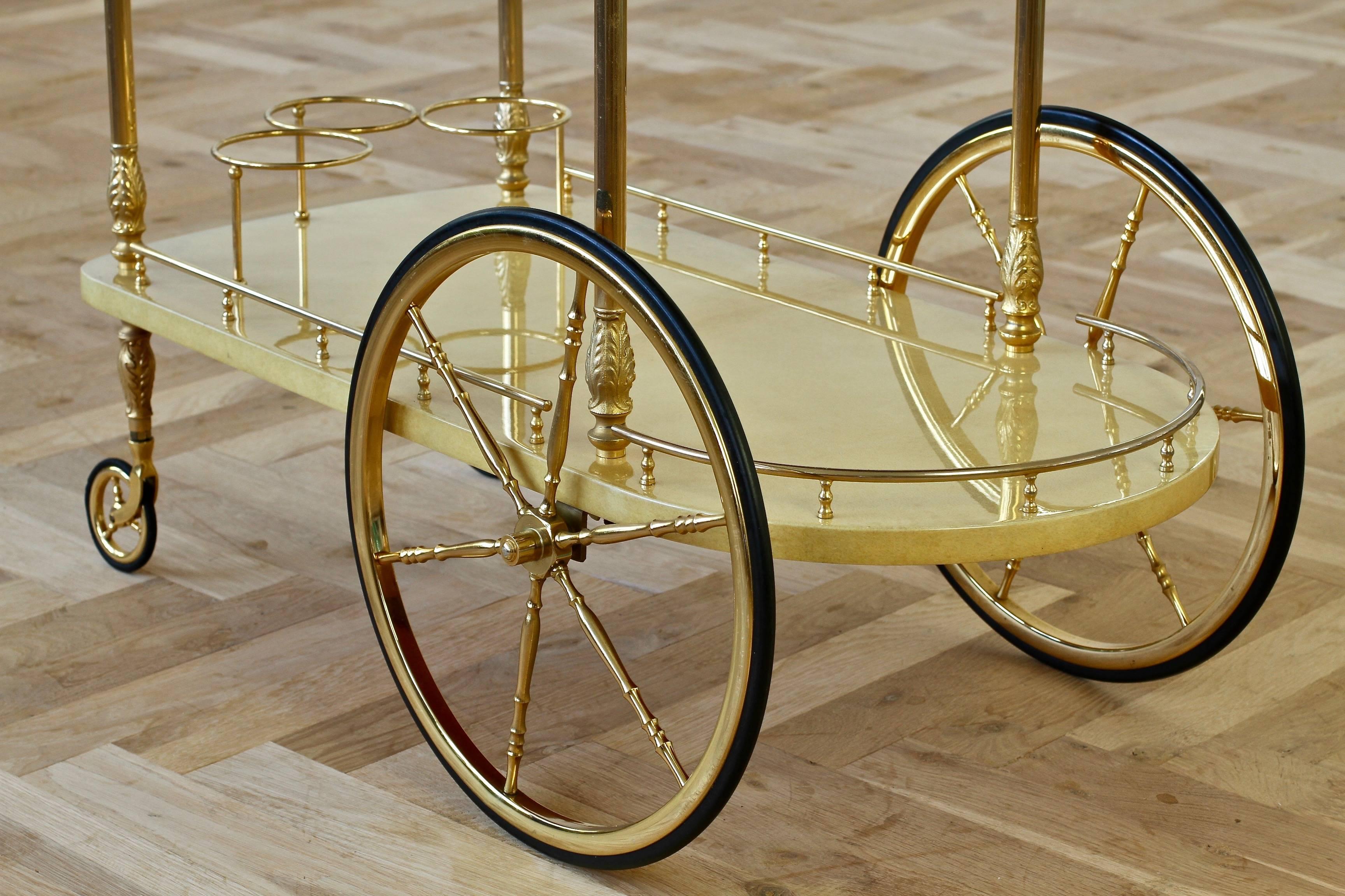 Aldo Tura Attributed 1950s Bar Cart, Trolley or Stand in Cream Italian Goatskin 9