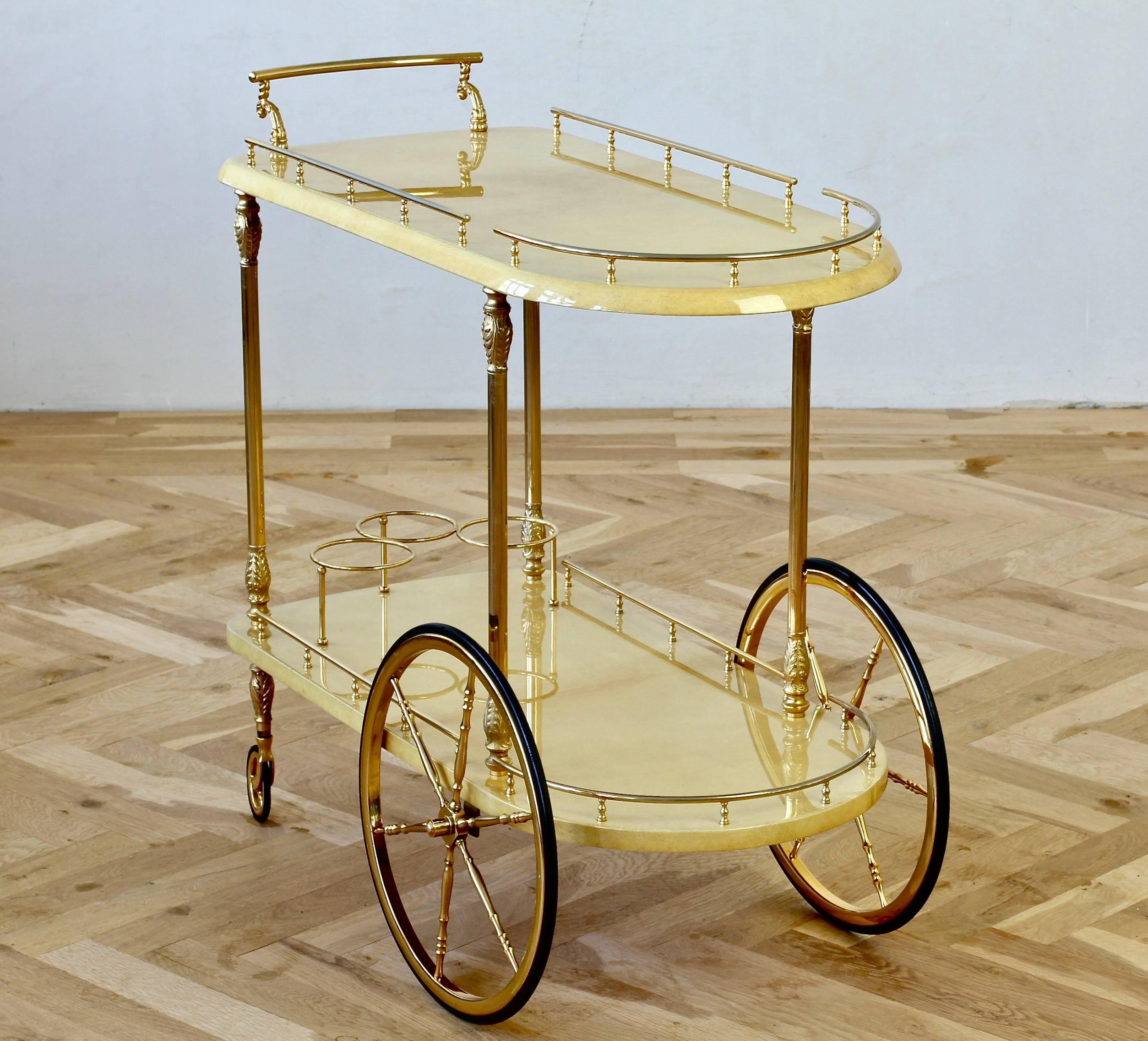 Mid-Century Modern Aldo Tura Attributed 1950s Bar Cart, Trolley or Stand in Cream Italian Goatskin