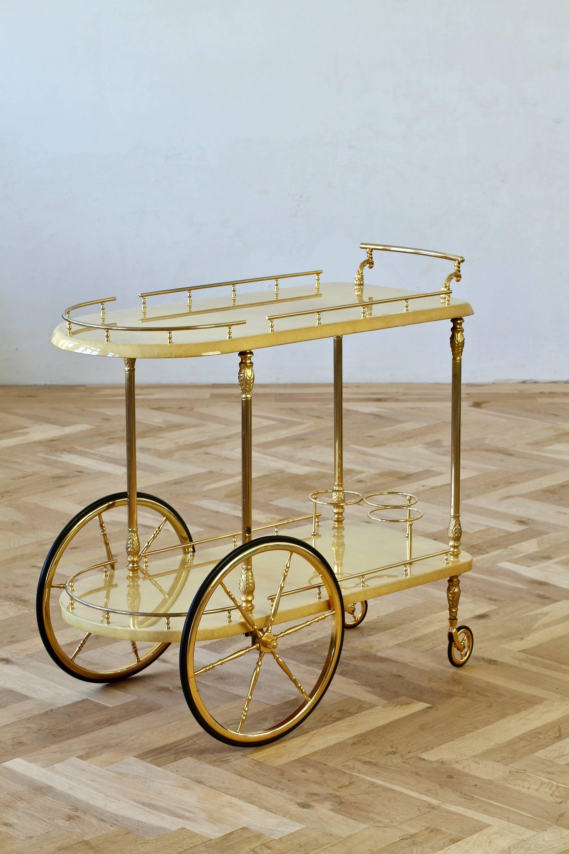 Metal Aldo Tura Attributed 1950s Bar Cart, Trolley or Stand in Cream Italian Goatskin