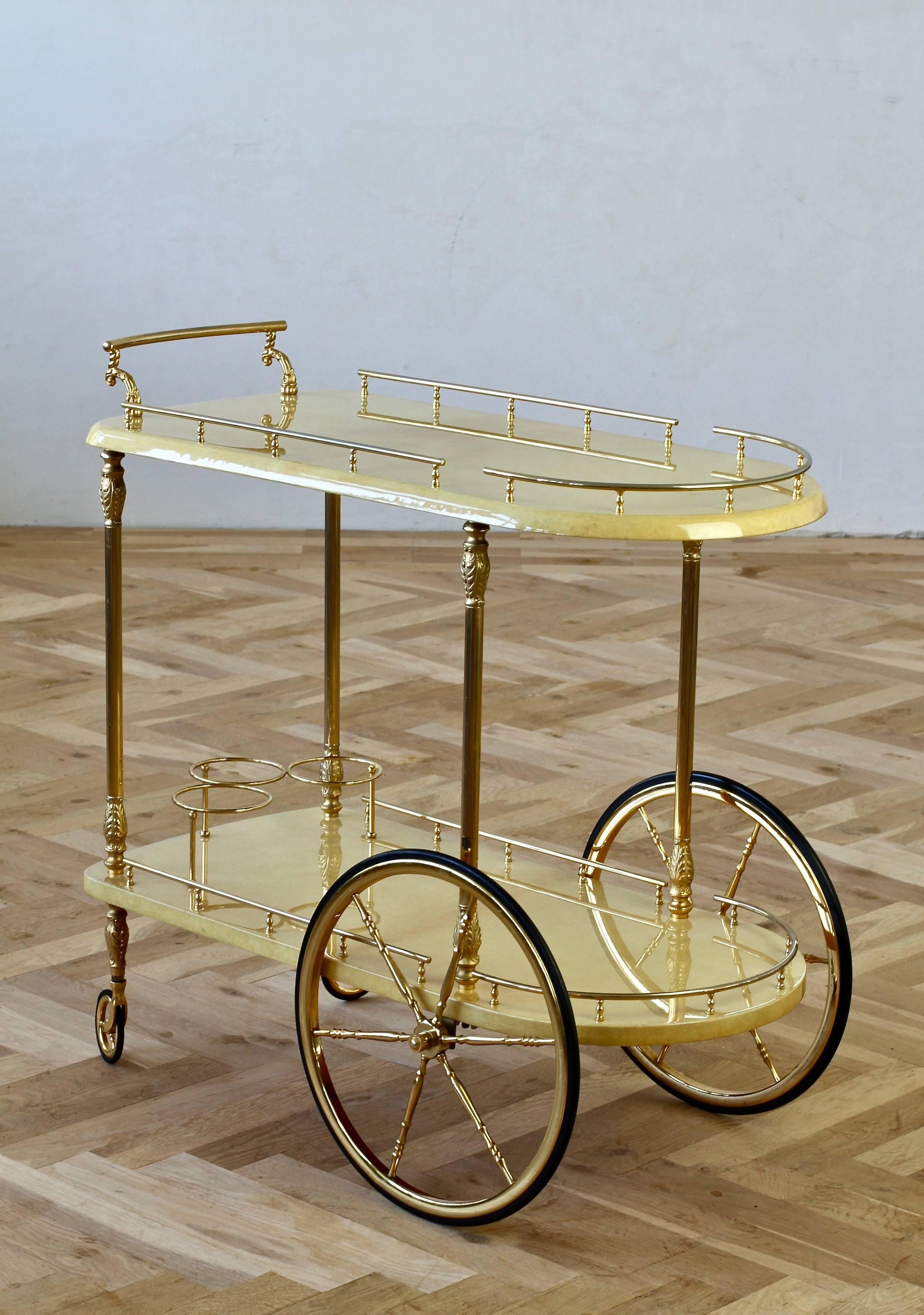 Aldo Tura Attributed 1950s Bar Cart, Trolley or Stand in Cream Italian Goatskin 2