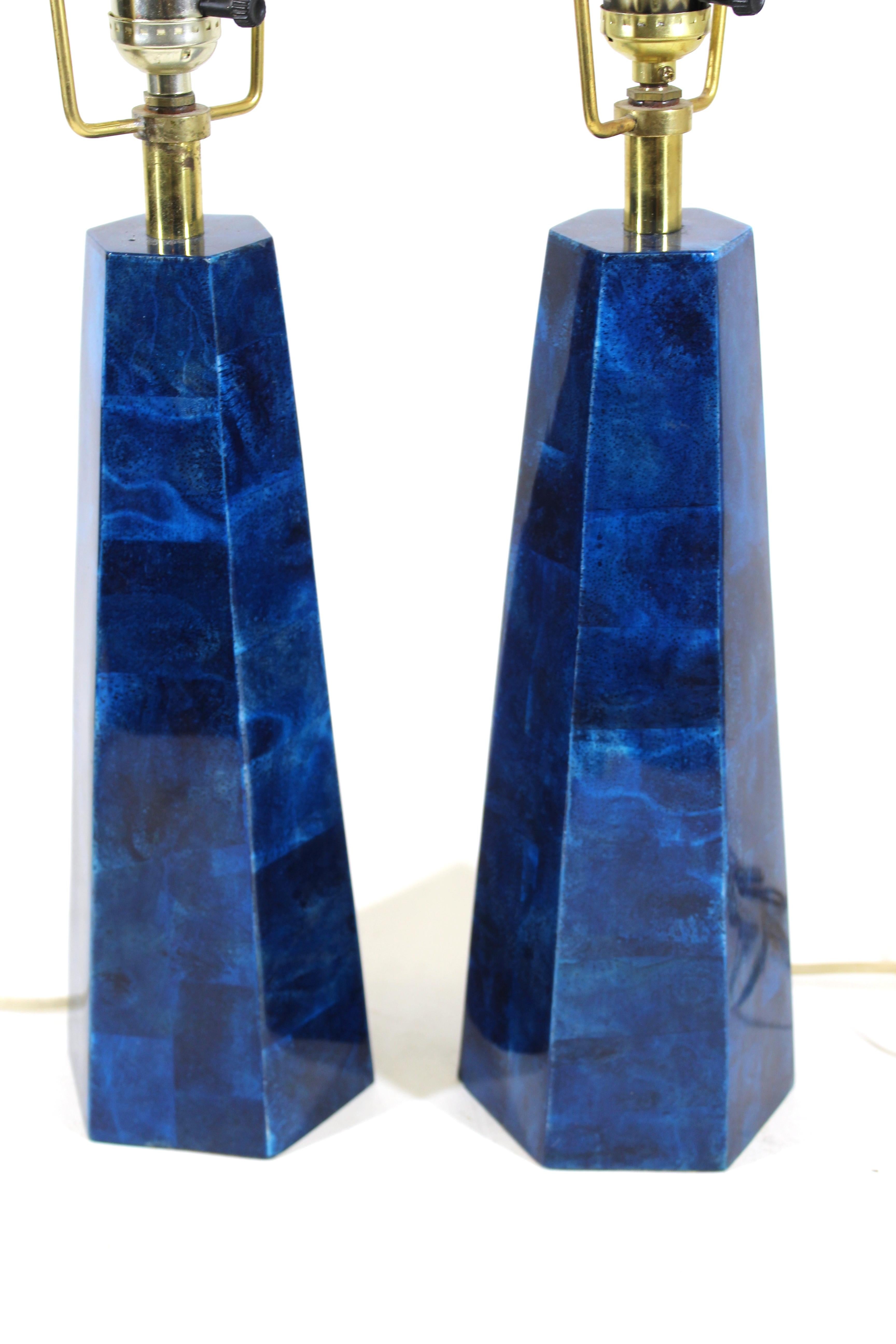 Lacquered Aldo Tura Attributed Italian Modern Blue Goatskin Table Lamps
