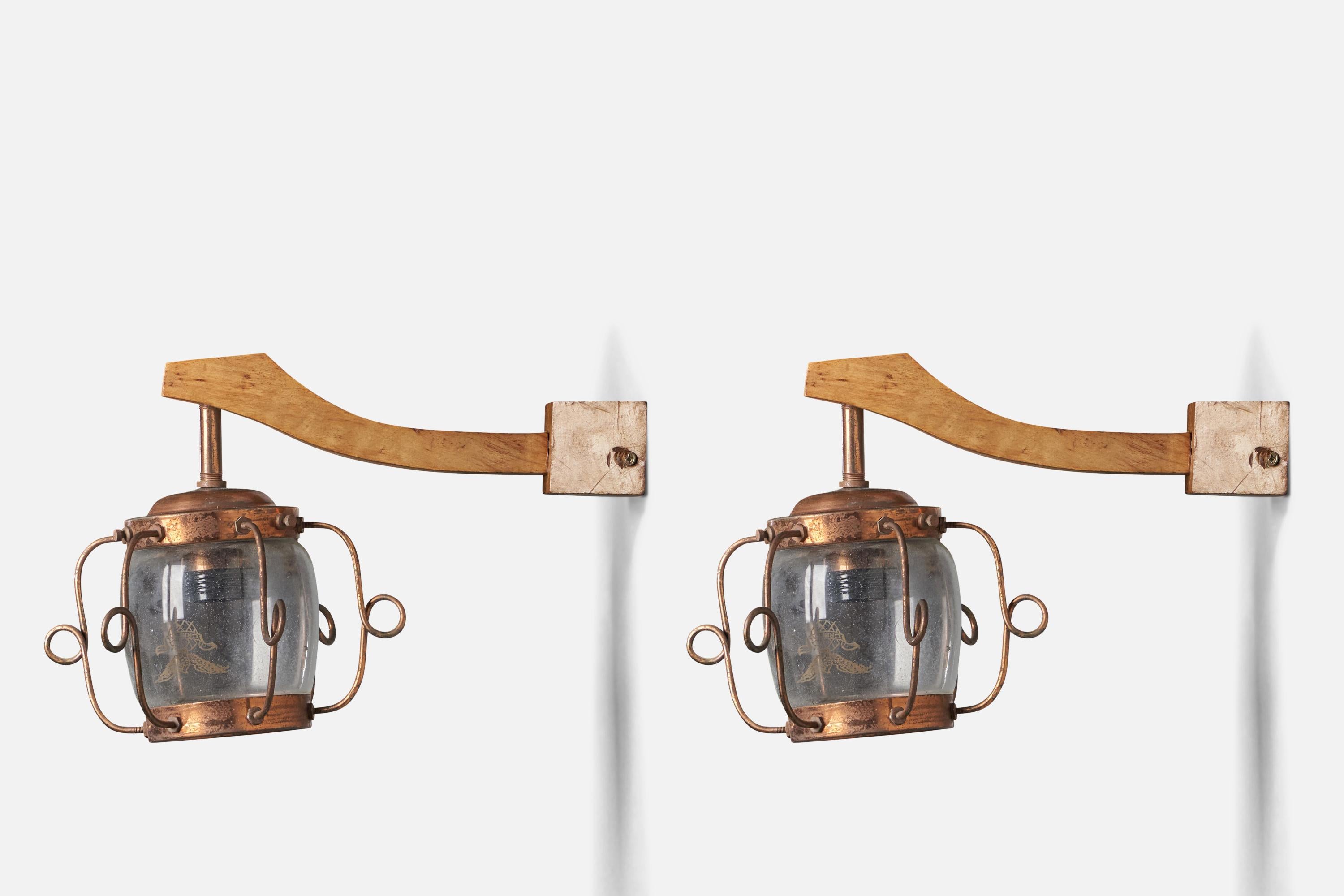 A pair of glass, copper and wood wall lights, design attributed to Aldo Tura, Italy, c. 1930s.

Overall Dimensions (inches): 6.5