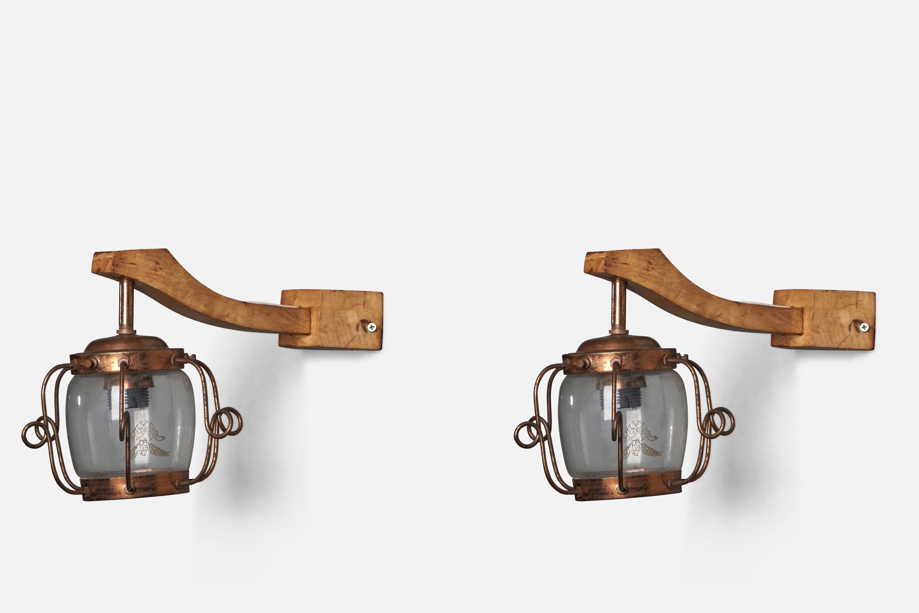 Aldo Tura Attribution, Wall Lights, Copper, Glass, Wood, Italy 1930s In Fair Condition For Sale In High Point, NC