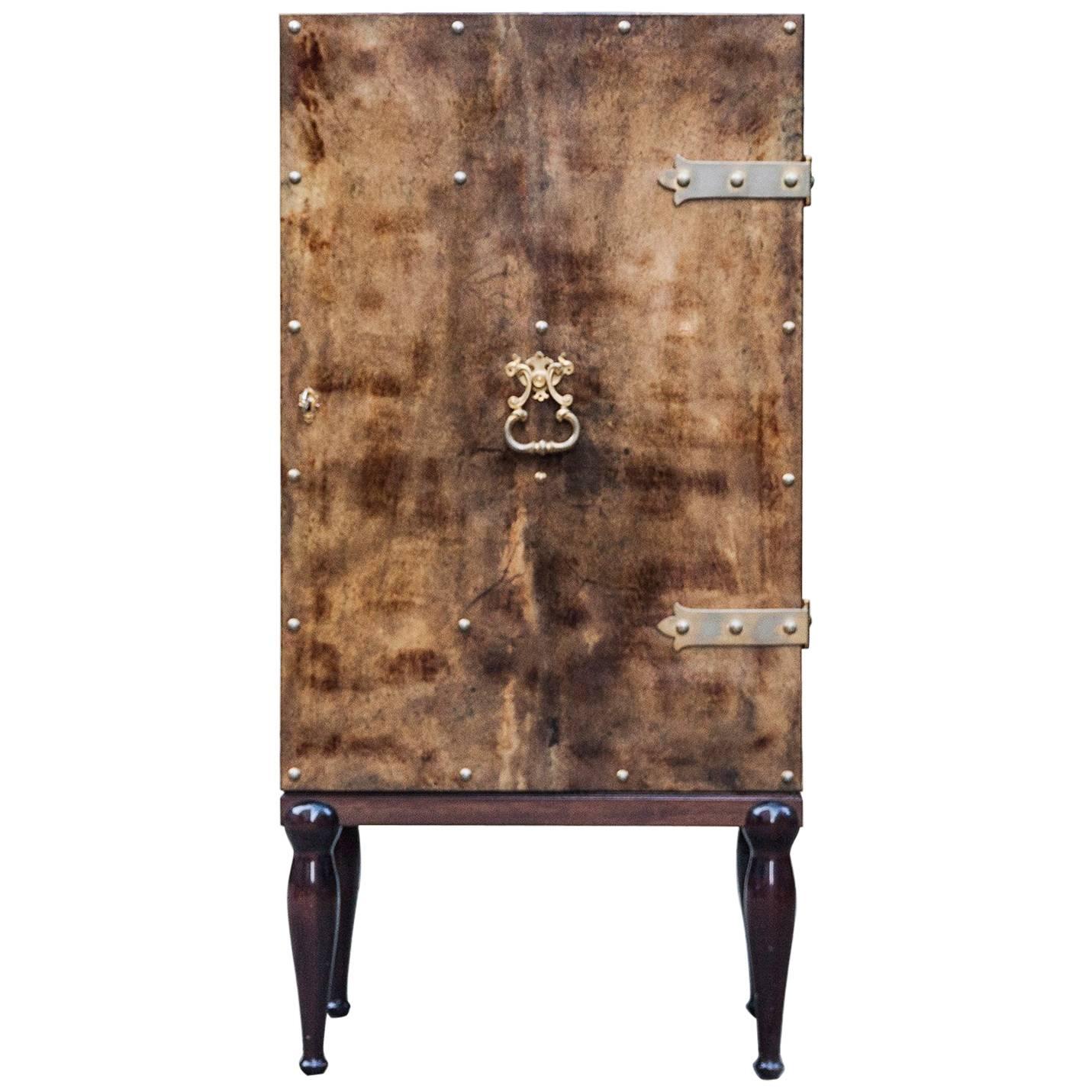 Aldo Tura Bar Cabinet Brown Goatskin, Italy, 1960s