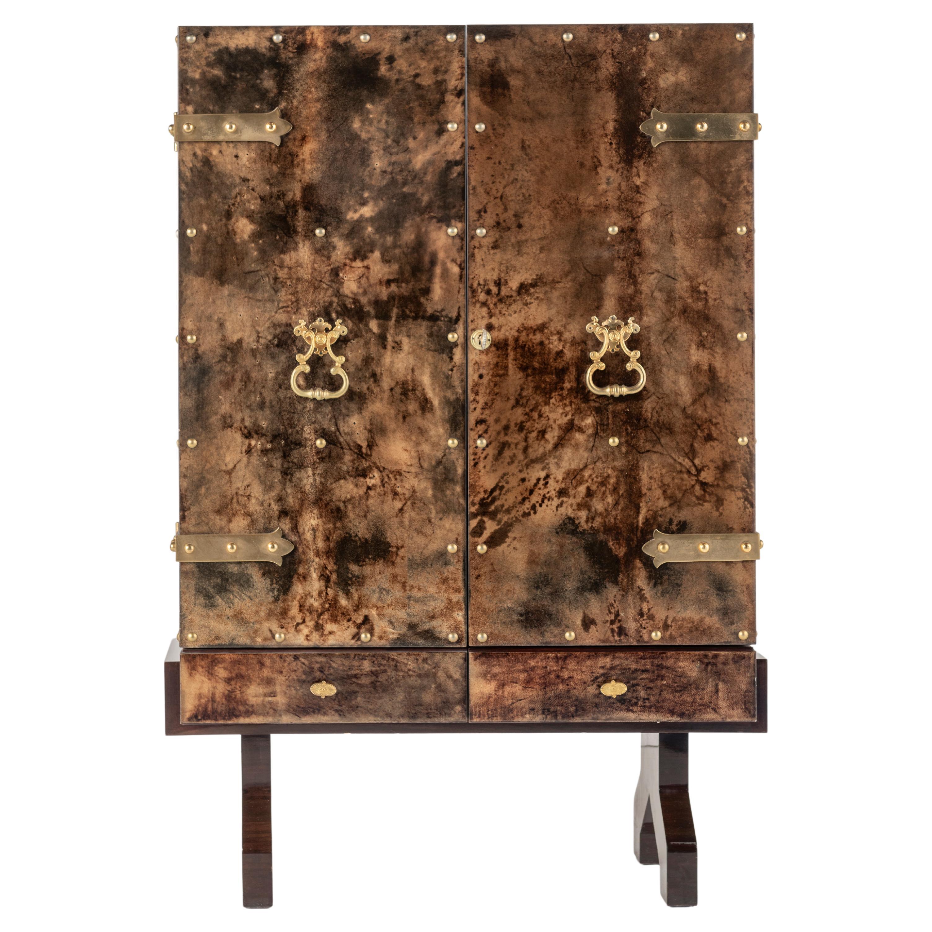 Aldo Tura Bar Cabinet in Tortoise Goatskin with Bronze Hardware For Sale
