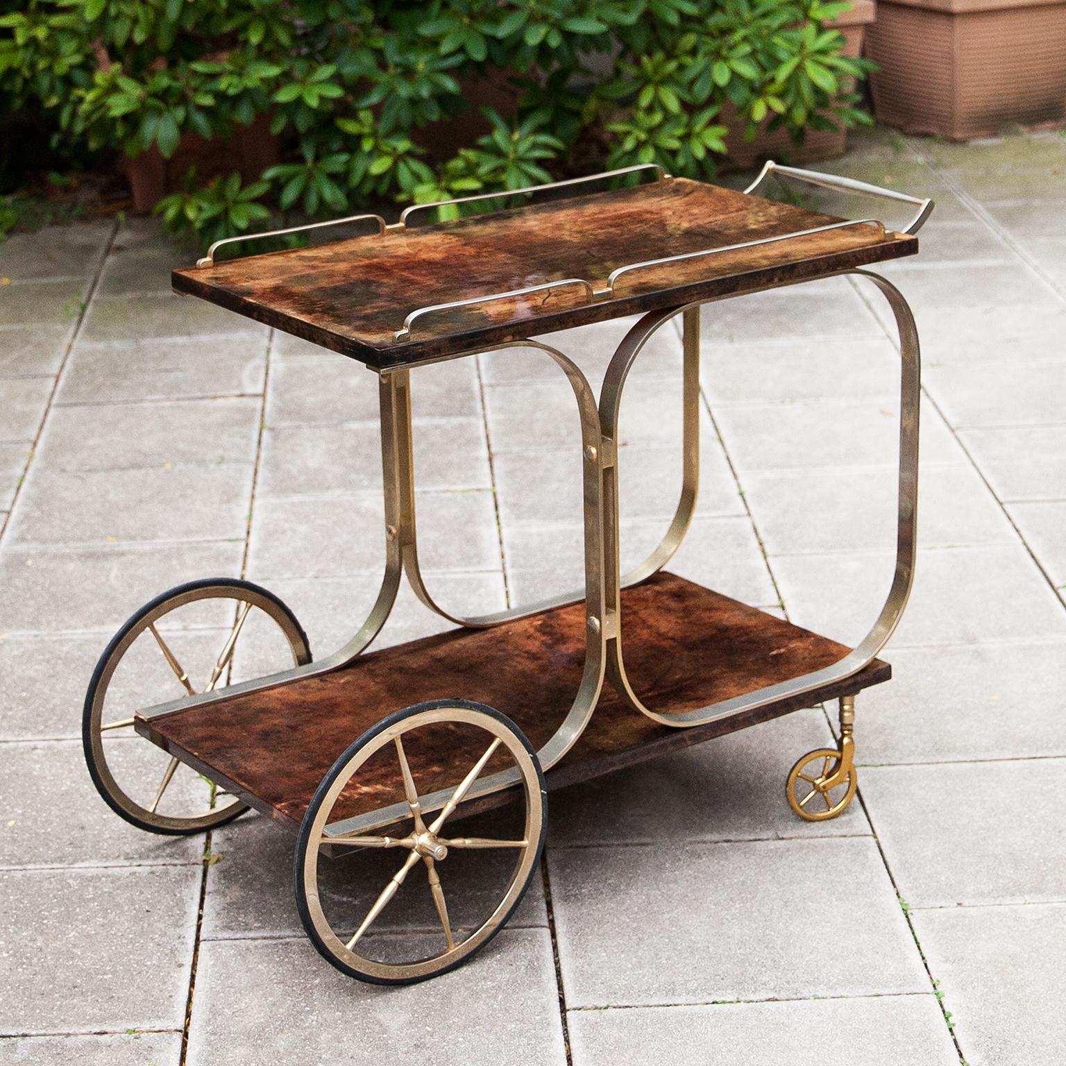 Italian Aldo Tura Bar Cart Brass Loops Brown Goatskin