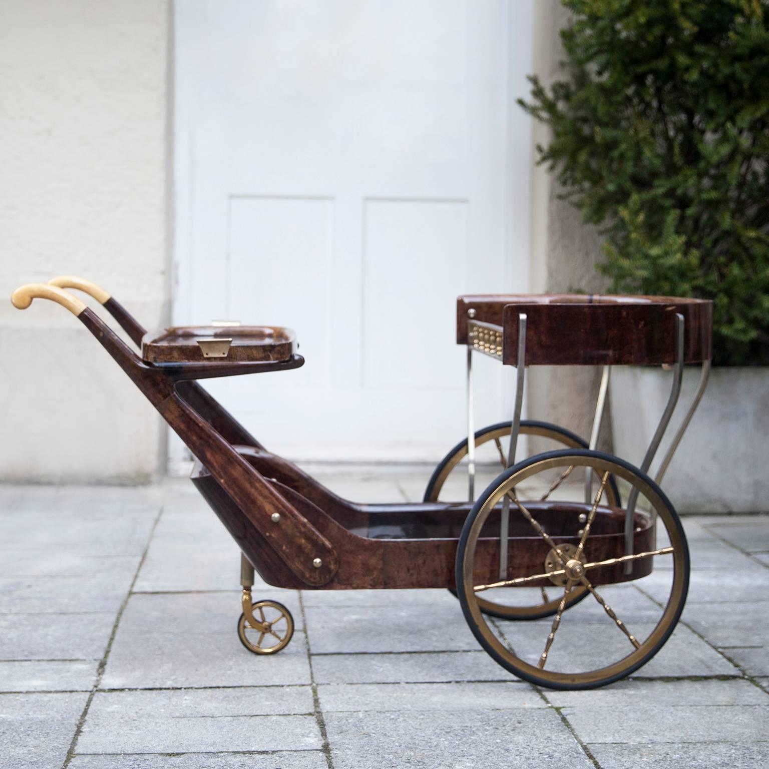 Aldo Tura Bar Cart Brown Goatskin In Good Condition For Sale In Munich, DE