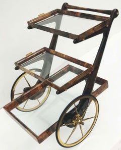 Aldo Tura Goatskin Wood & Brass Bar Cart Serving Tolley Mid-Century Modern Italy