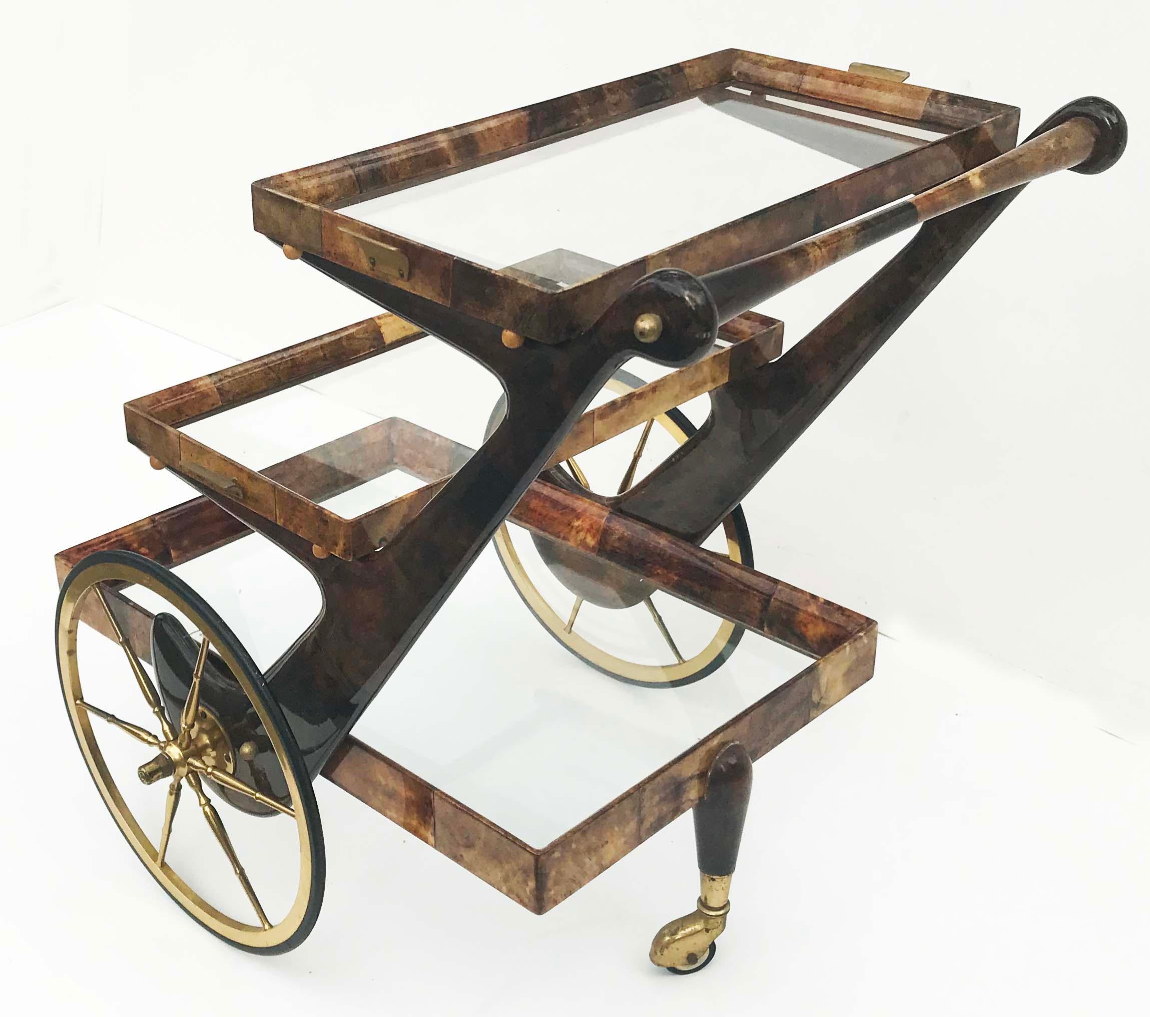 Aldo Tura Goatskin Wood & Brass Bar Cart Serving Tolley Mid-Century Modern Italy For Sale 1