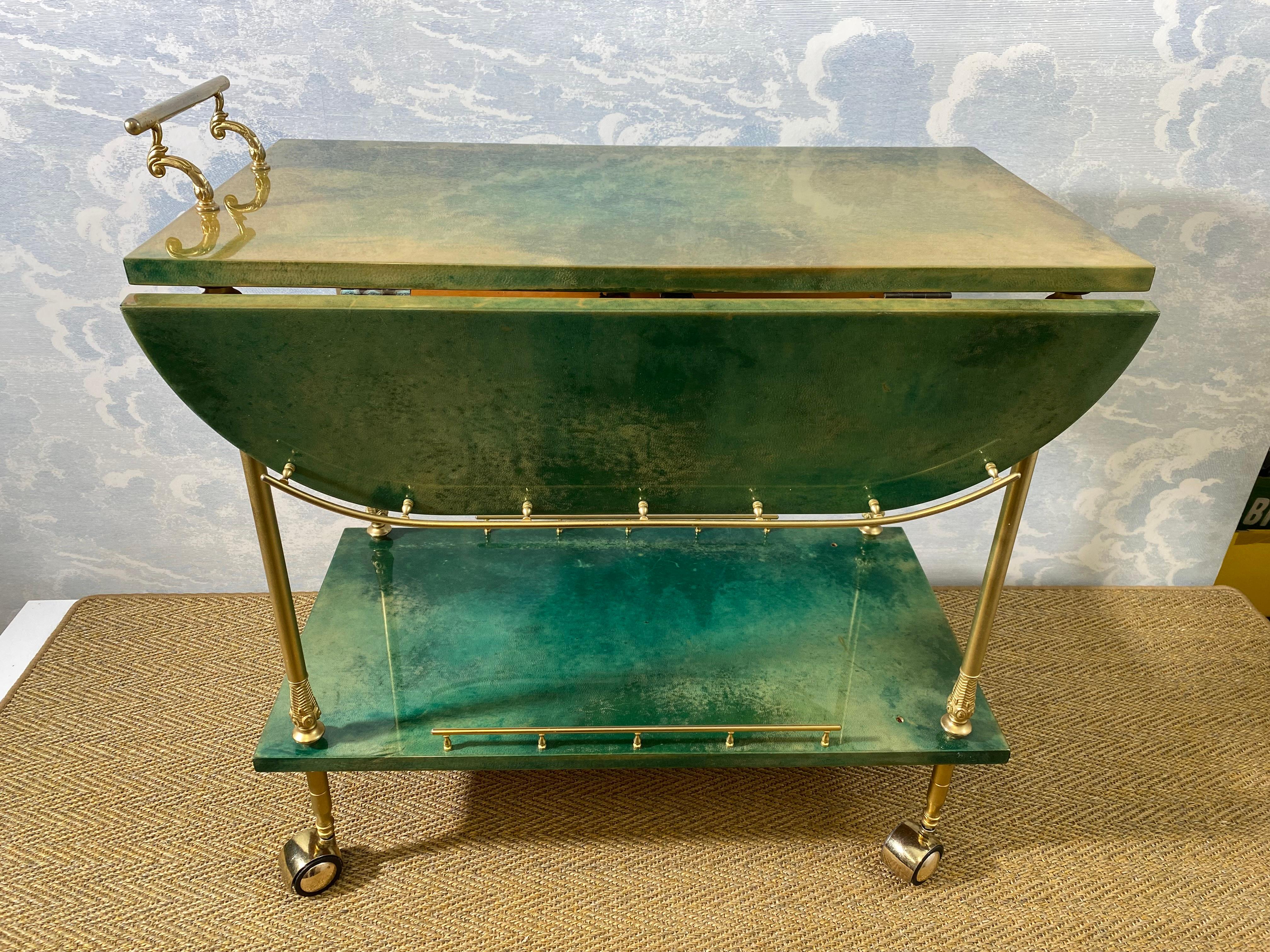 ALDO TURA Bar Cart in Green with Foldable Sides, Italy, 1960s 2