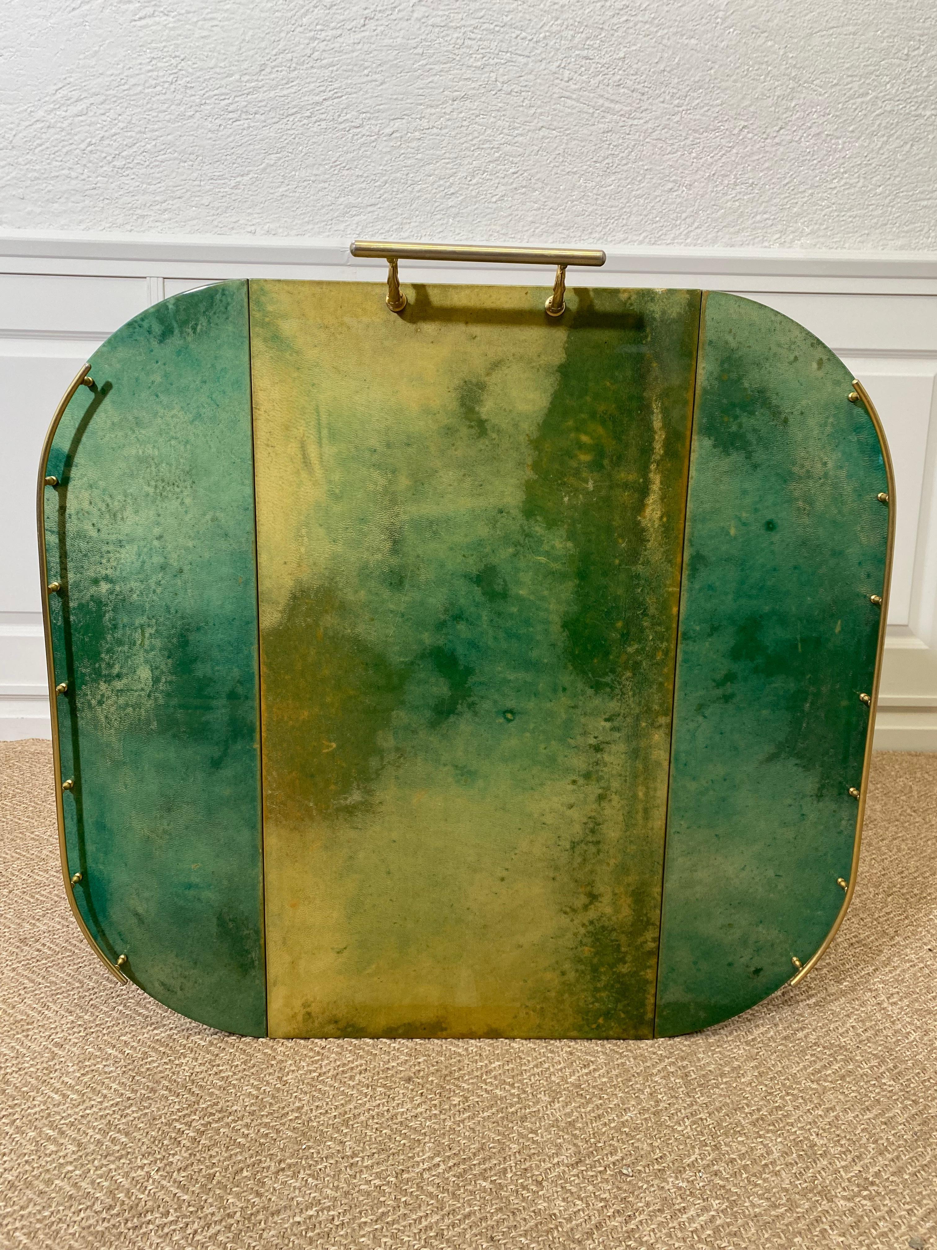 Hollywood Regency ALDO TURA Bar Cart in Green with Foldable Sides, Italy, 1960s
