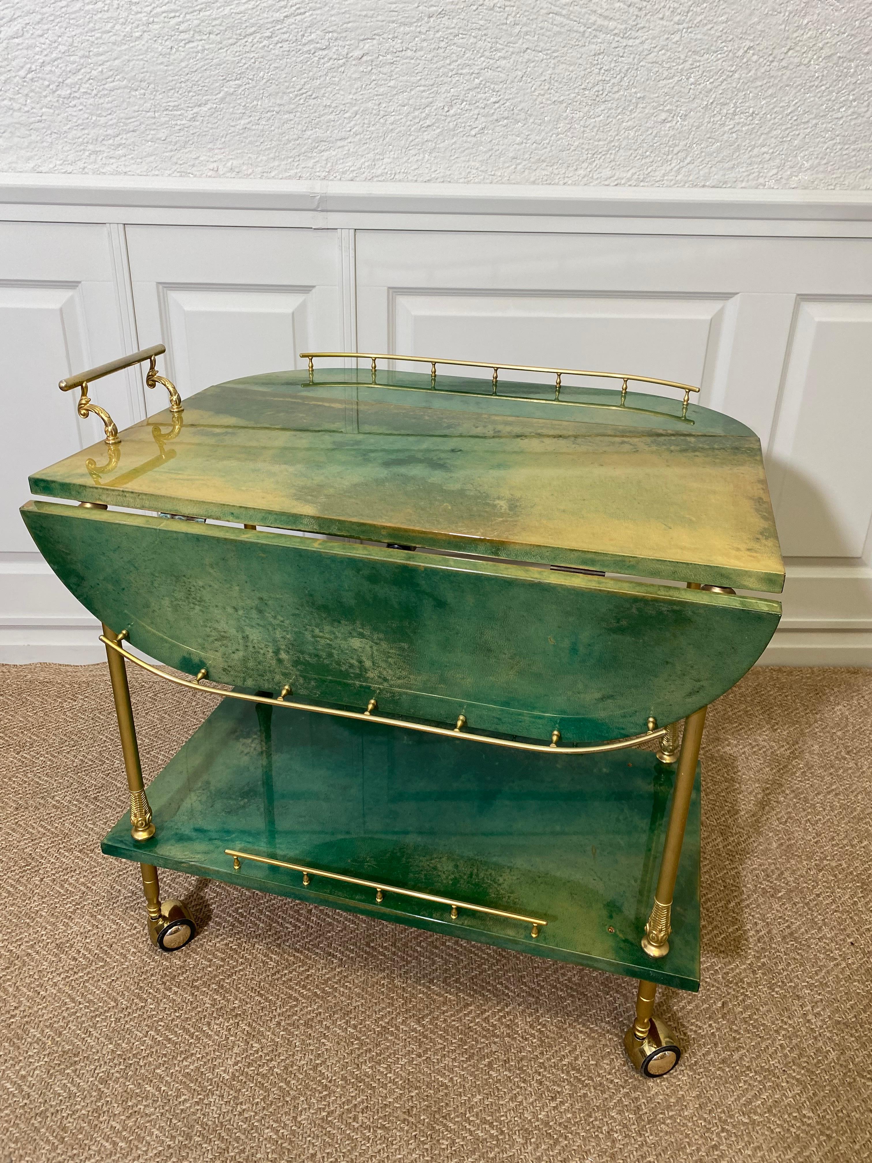 Italian ALDO TURA Bar Cart in Green with Foldable Sides, Italy, 1960s