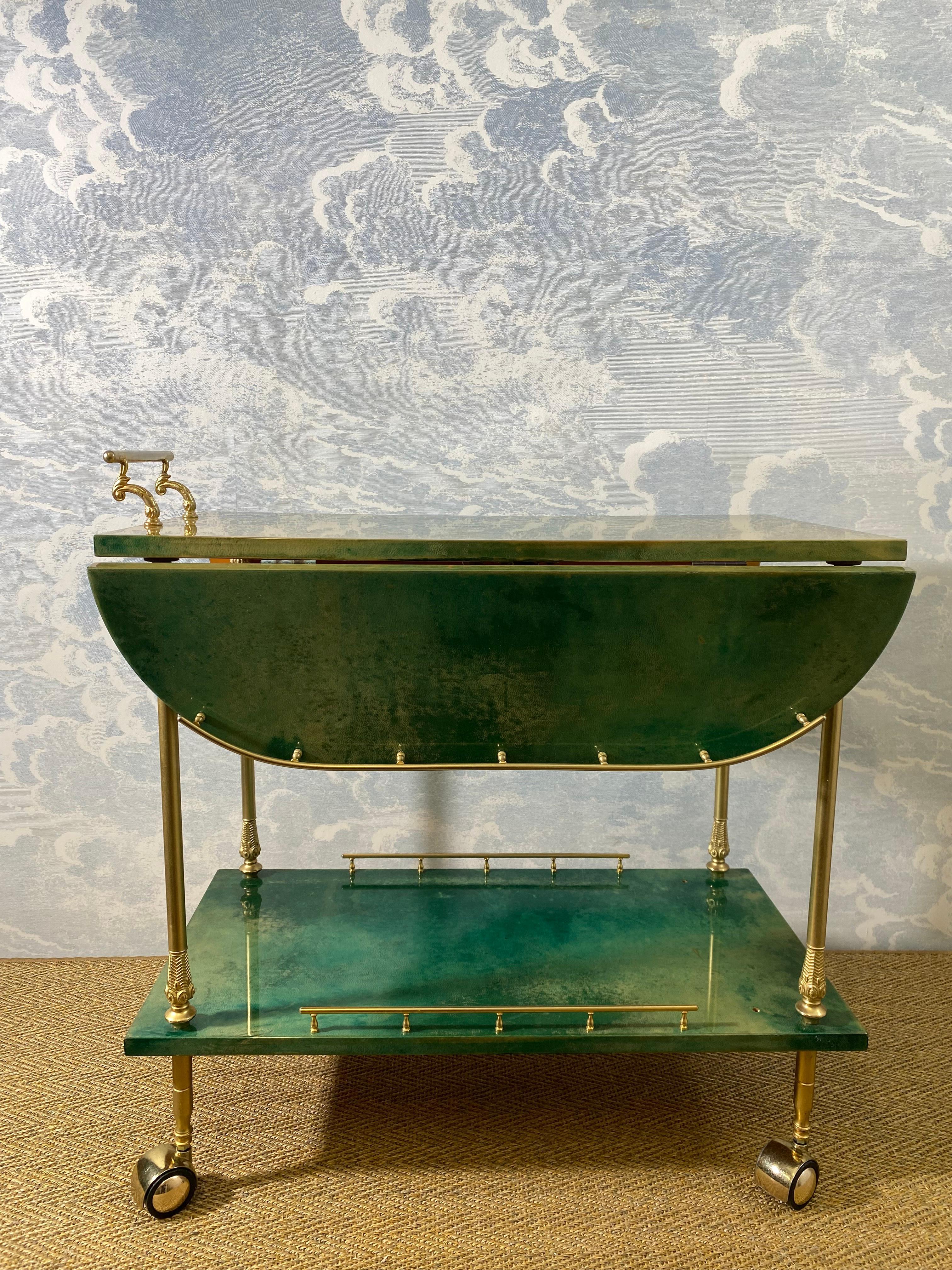 Brass ALDO TURA Bar Cart in Green with Foldable Sides, Italy, 1960s