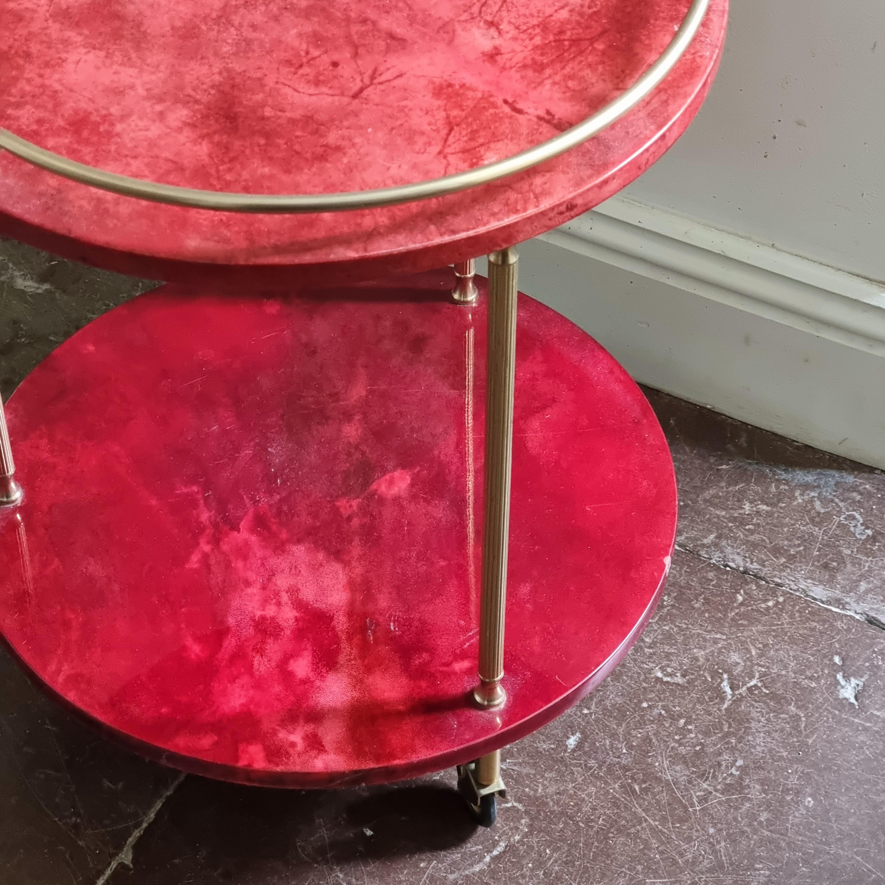 Aldo Tura, Bar Cart, Red Goatskin, Italian Midcentury / Hollywood Regency For Sale 2