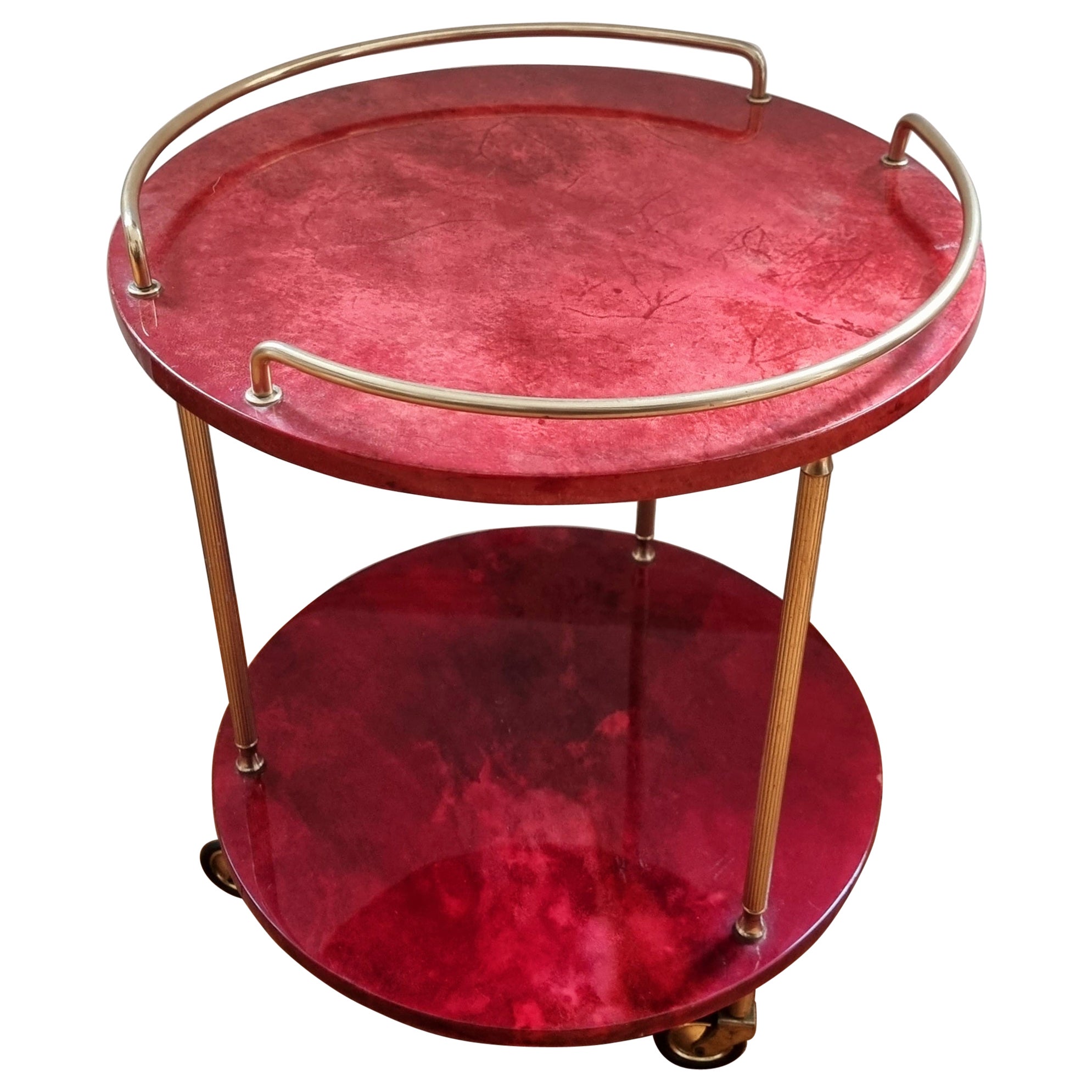 Aldo Tura, Bar Cart, Red Goatskin, Italian Midcentury / Hollywood Regency