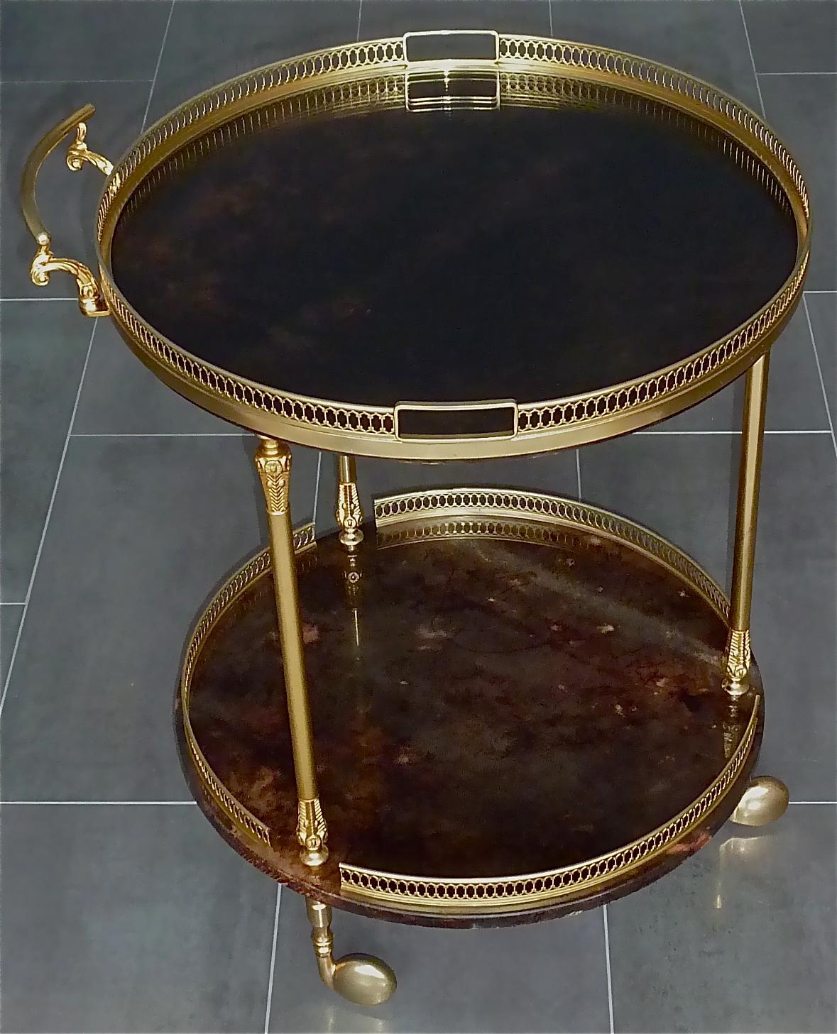 Aldo Tura Bar Cart Serving Drinks Trolley Table Gilt Brass Brown Goatskin , 1950s 8