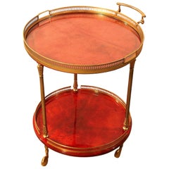 Vintage Aldo Tura Bar Cart Serving Liquor Trolley in Brass and Red Dyed Vellum Goatskin