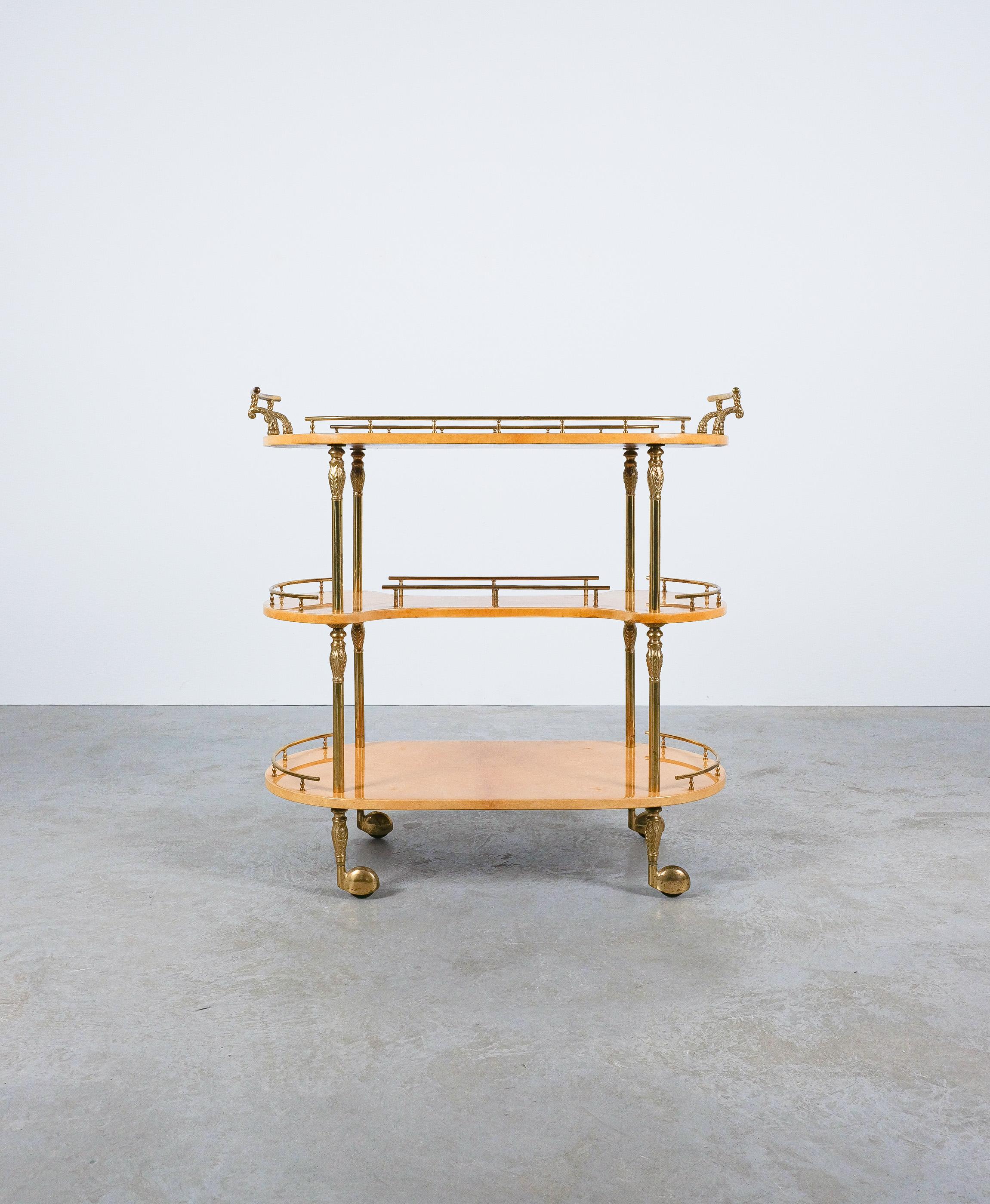 Mid-Century Modern Aldo Tura Bar Cart Tan Parchment Brass Columns, Italy, 1970 For Sale