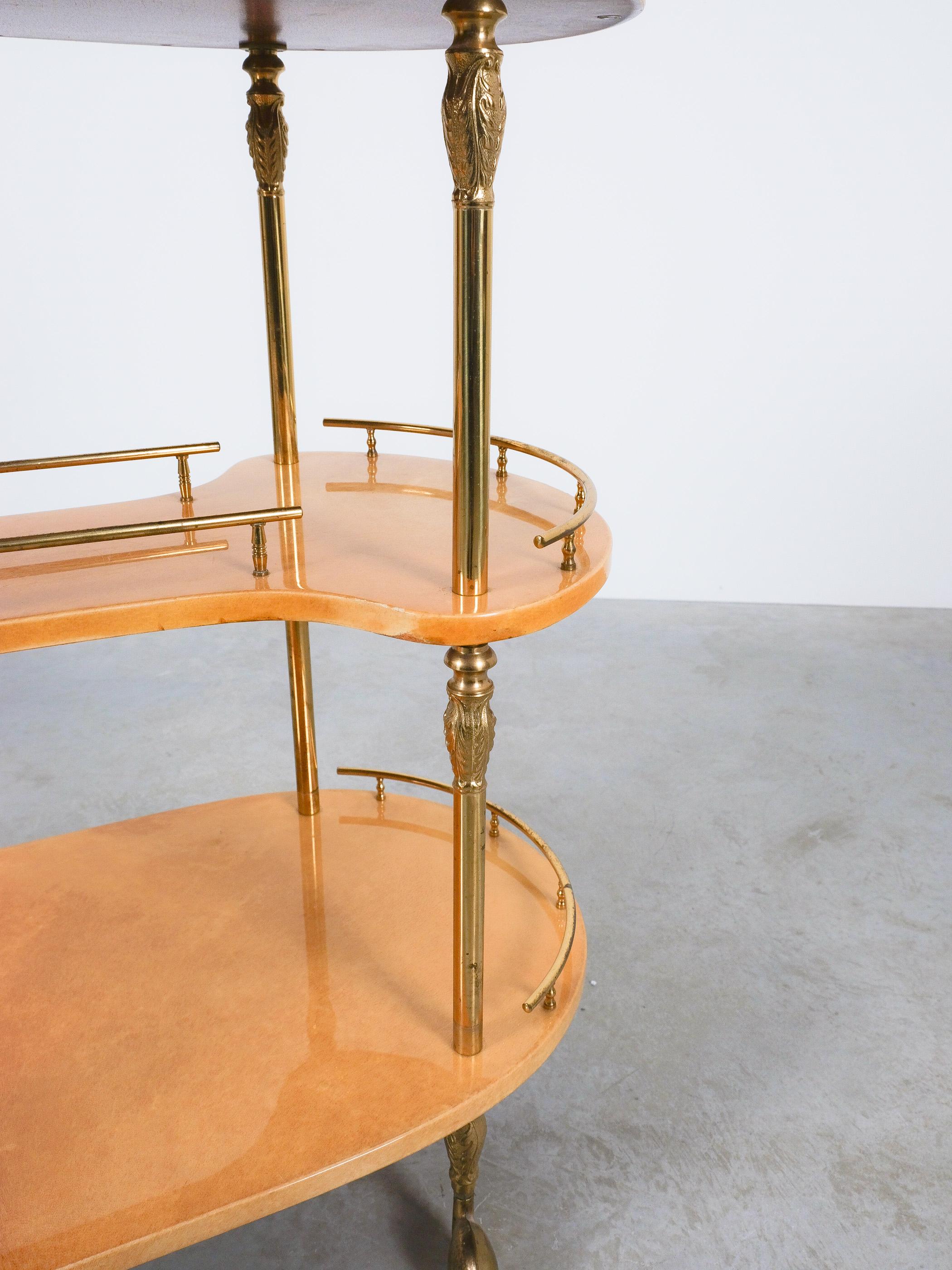 Late 20th Century Aldo Tura Bar Cart Tan Parchment Brass Columns, Italy, 1970 For Sale