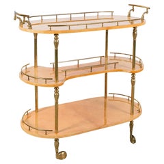 Aldo Tura Bar Cart Tan Parchment Brass Columns, Italy, 1970