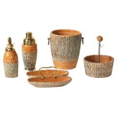 Aldo Tura Bar Set in Carved Wood and Brass Details, Made in Italy