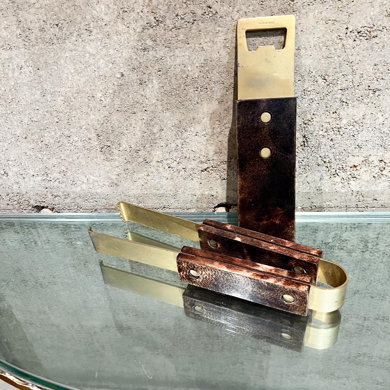 Aldo Tura Barware Bottle Opener + Ice Tongs Goatskin and Brass ITALY In Good Condition For Sale In Chula Vista, CA