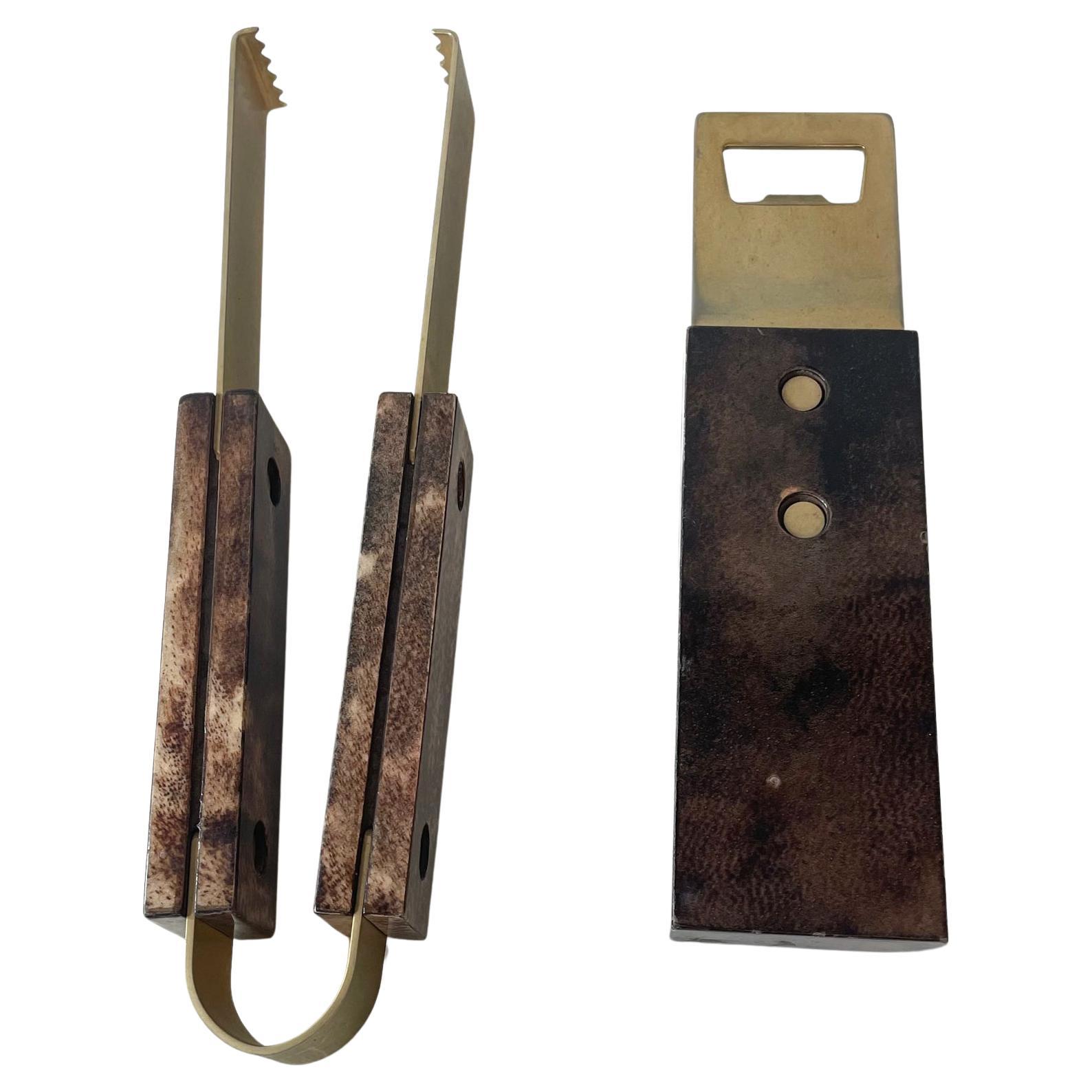 Aldo Tura Barware Set Bottle Opener & Ice Tongs Brown Goatskin and Brass Italy In Good Condition In Chula Vista, CA