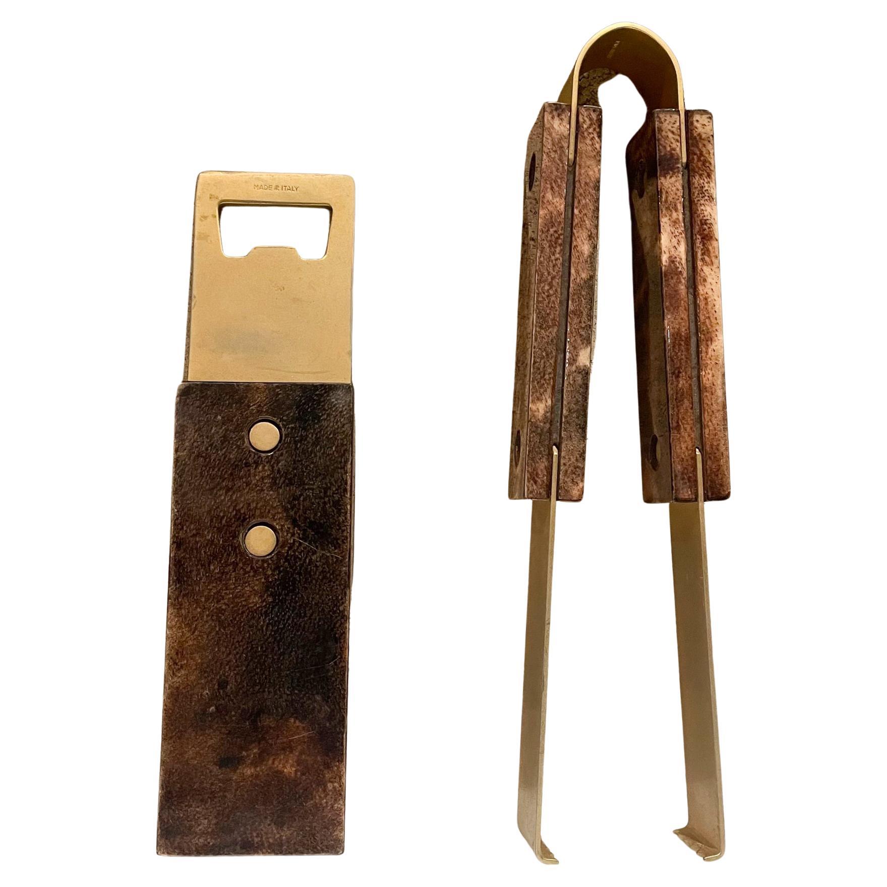 Aldo Tura Barware Set Bottle Opener & Ice Tongs Brown Goatskin and Brass Italy