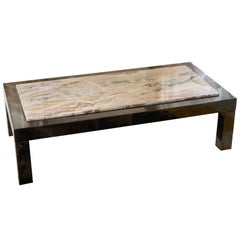 Aldo Tura Black/Brown Parchment Coffee Table, Marble Top, Italy, 1970s.