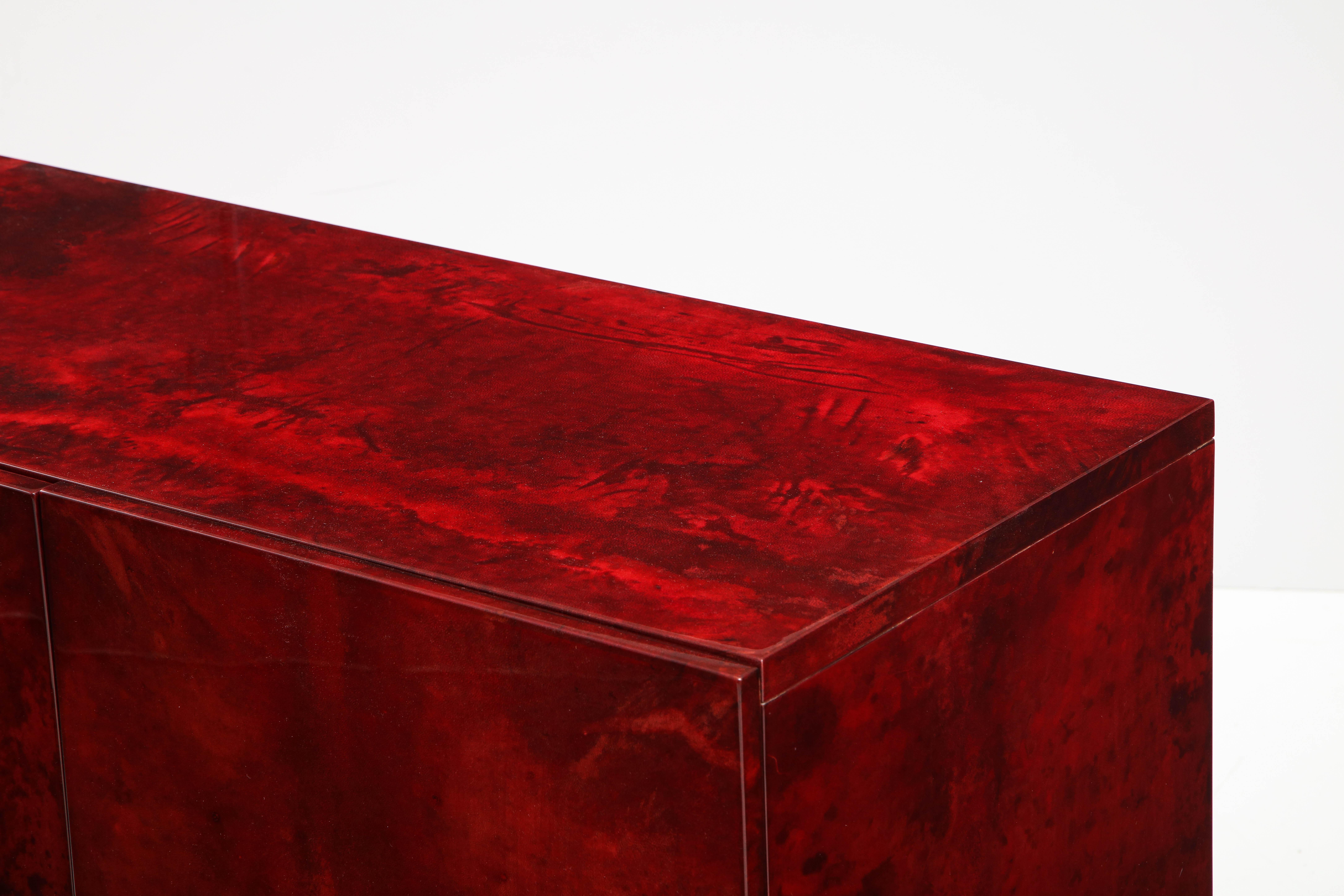 Aldo Tura Blood Red Goatskin Cabinet, Chrome Plinth Base, Italy, 1960 For Sale 4