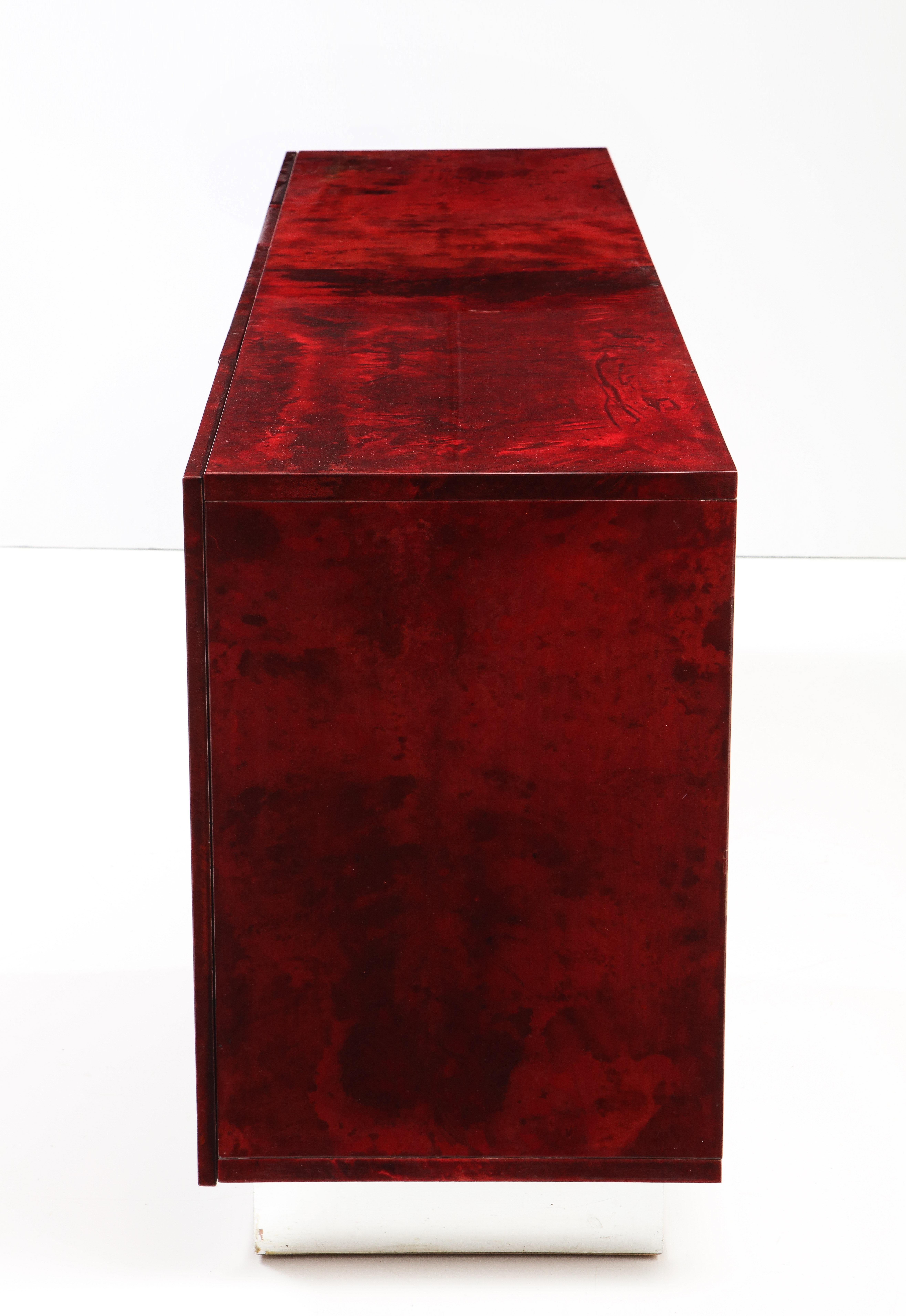 Aldo Tura Blood Red Goatskin Cabinet, Chrome Plinth Base, Italy, 1960 For Sale 5