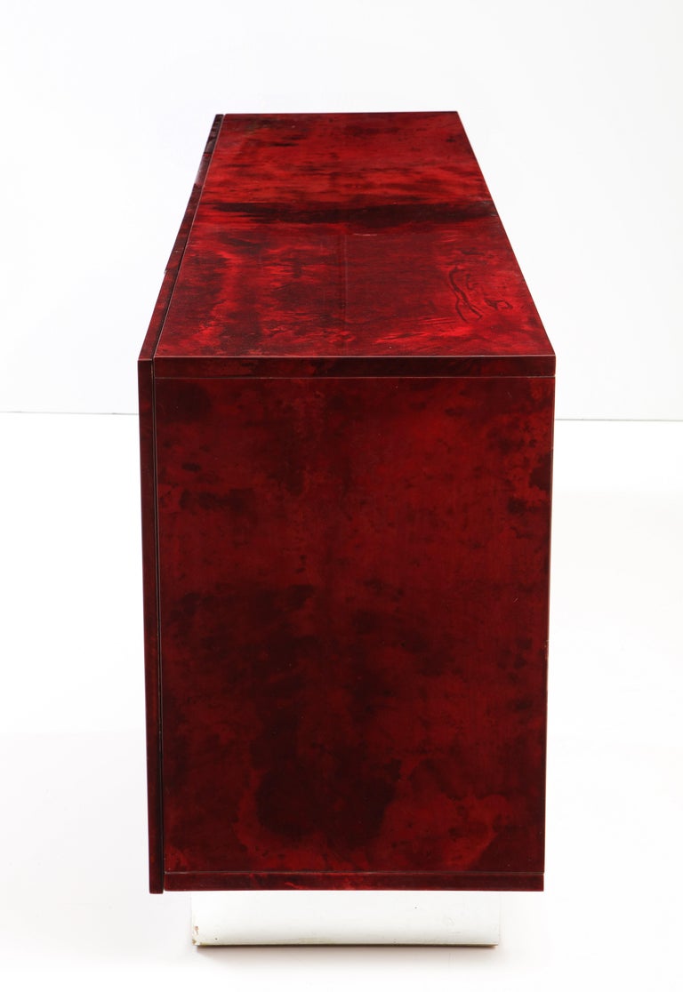 Aldo Tura Blood Red Goatskin Chrome Plinth Base, Italy, 1960