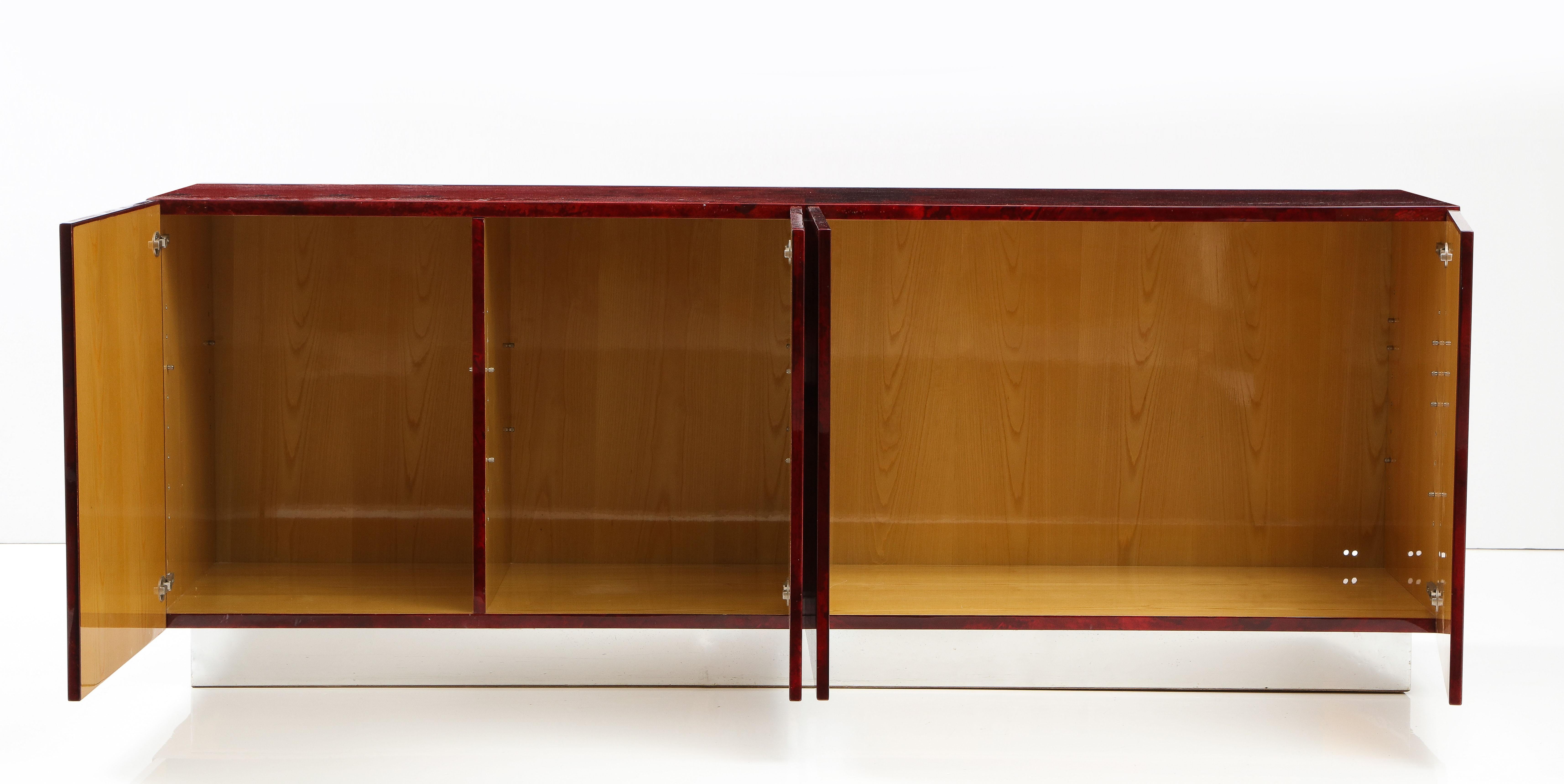 Aldo Tura Blood Red Goatskin Cabinet, Chrome Plinth Base, Italy, 1960 For Sale 6