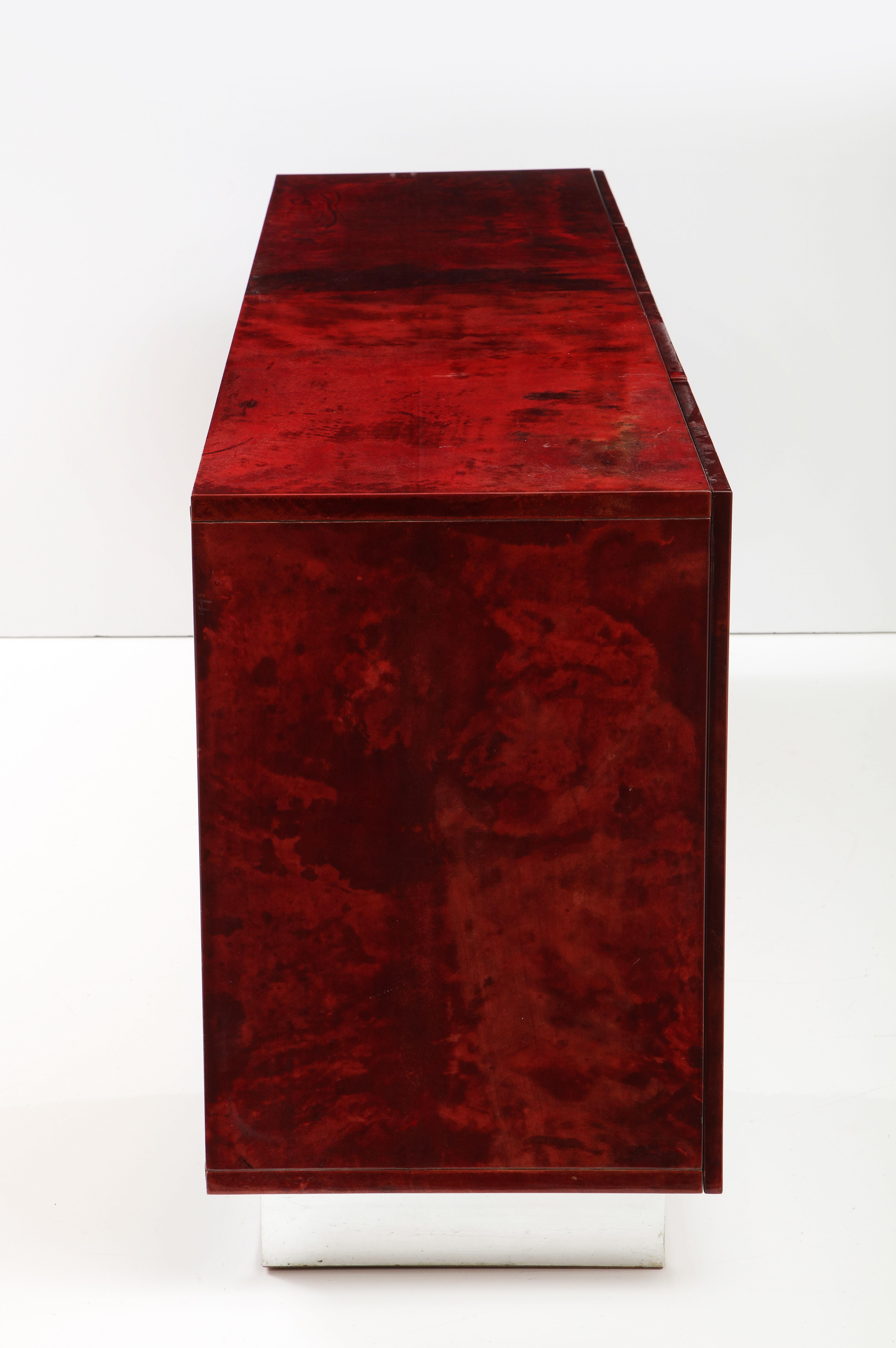 Aldo Tura Blood Red Goatskin Cabinet, Chrome Plinth Base, Italy, 1960 For Sale 7
