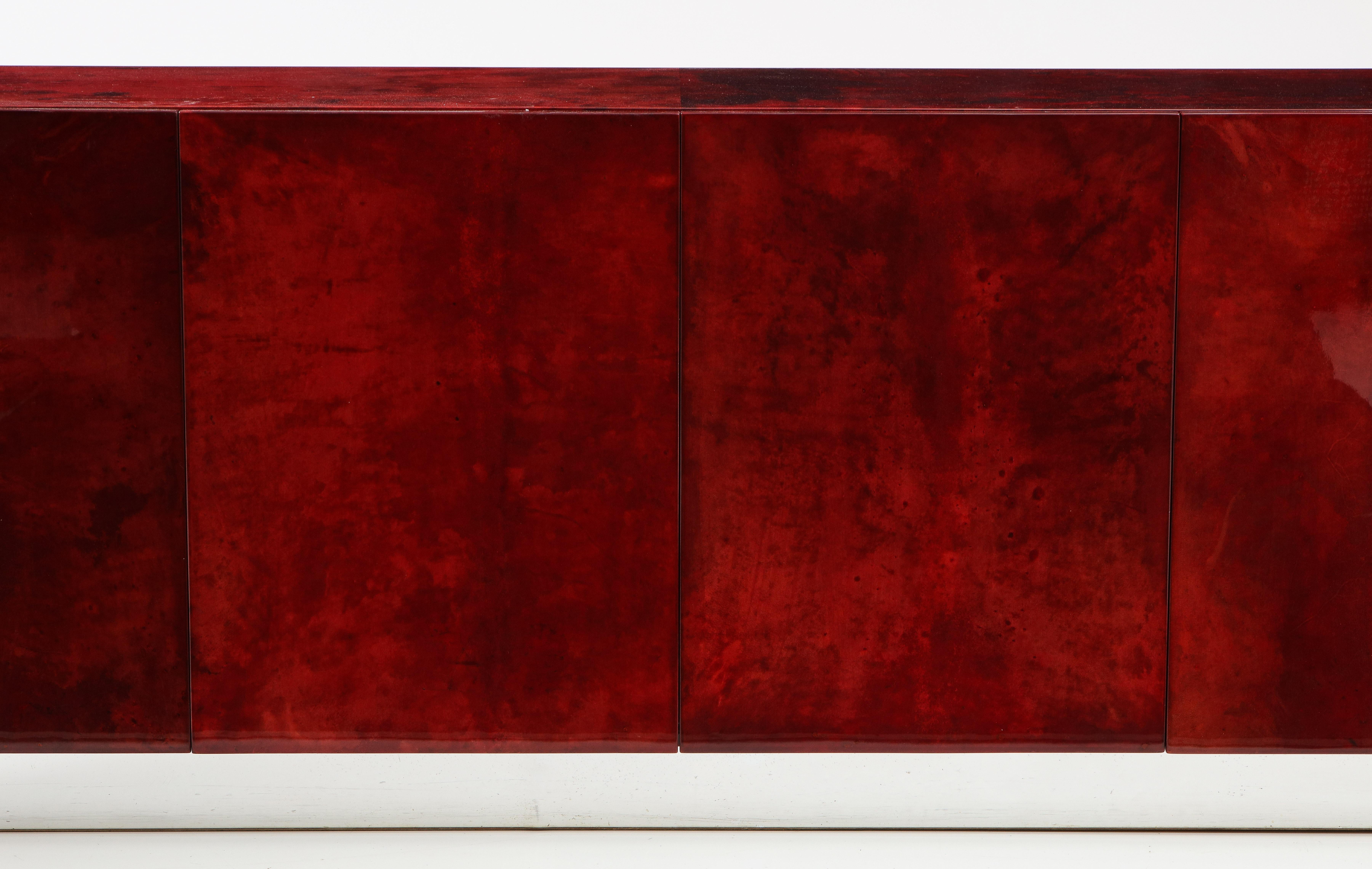 Mid-Century Modern Aldo Tura Blood Red Goatskin Cabinet, Chrome Plinth Base, Italy, 1960 For Sale