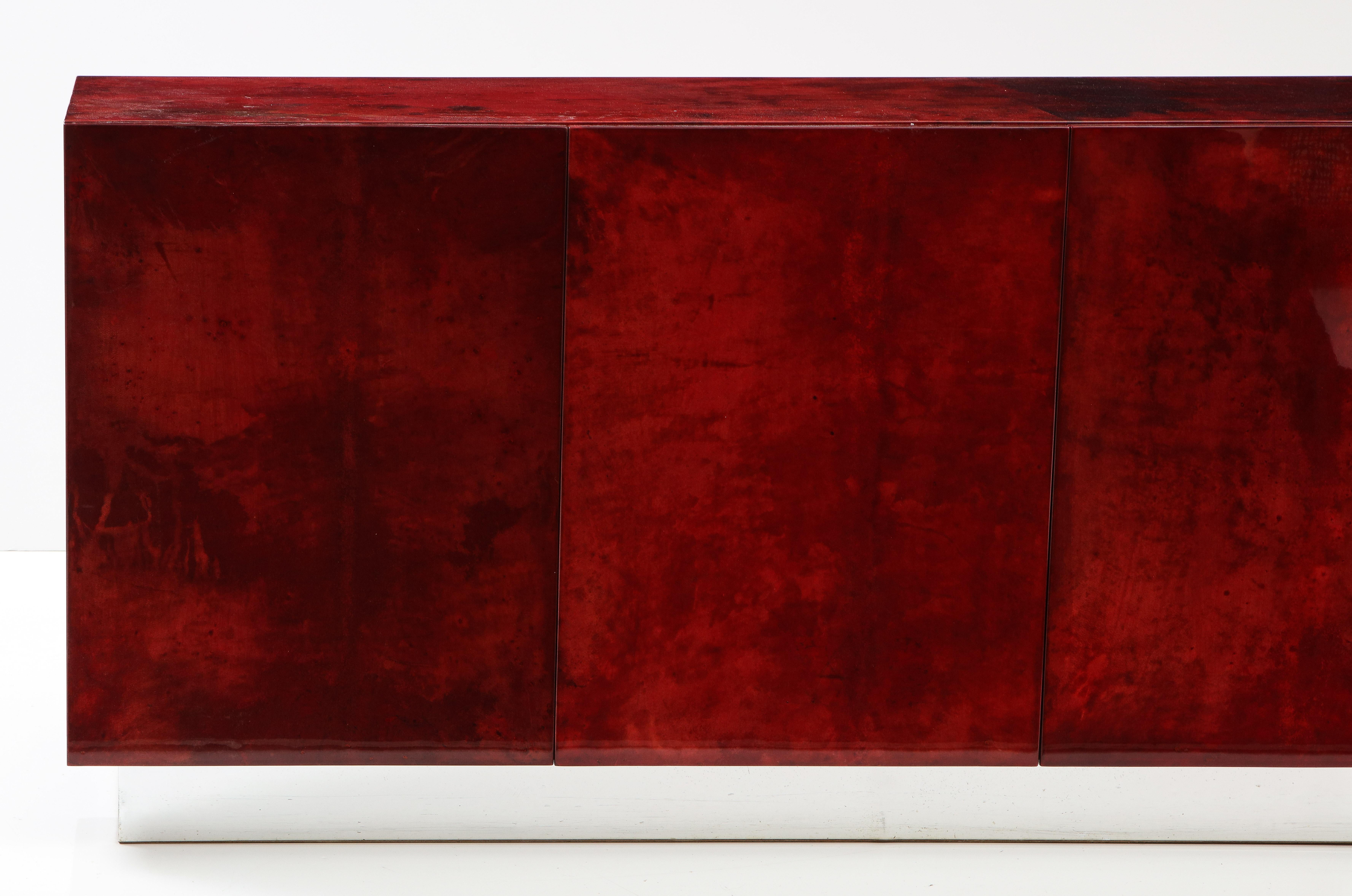 Italian Aldo Tura Blood Red Goatskin Cabinet, Chrome Plinth Base, Italy, 1960 For Sale