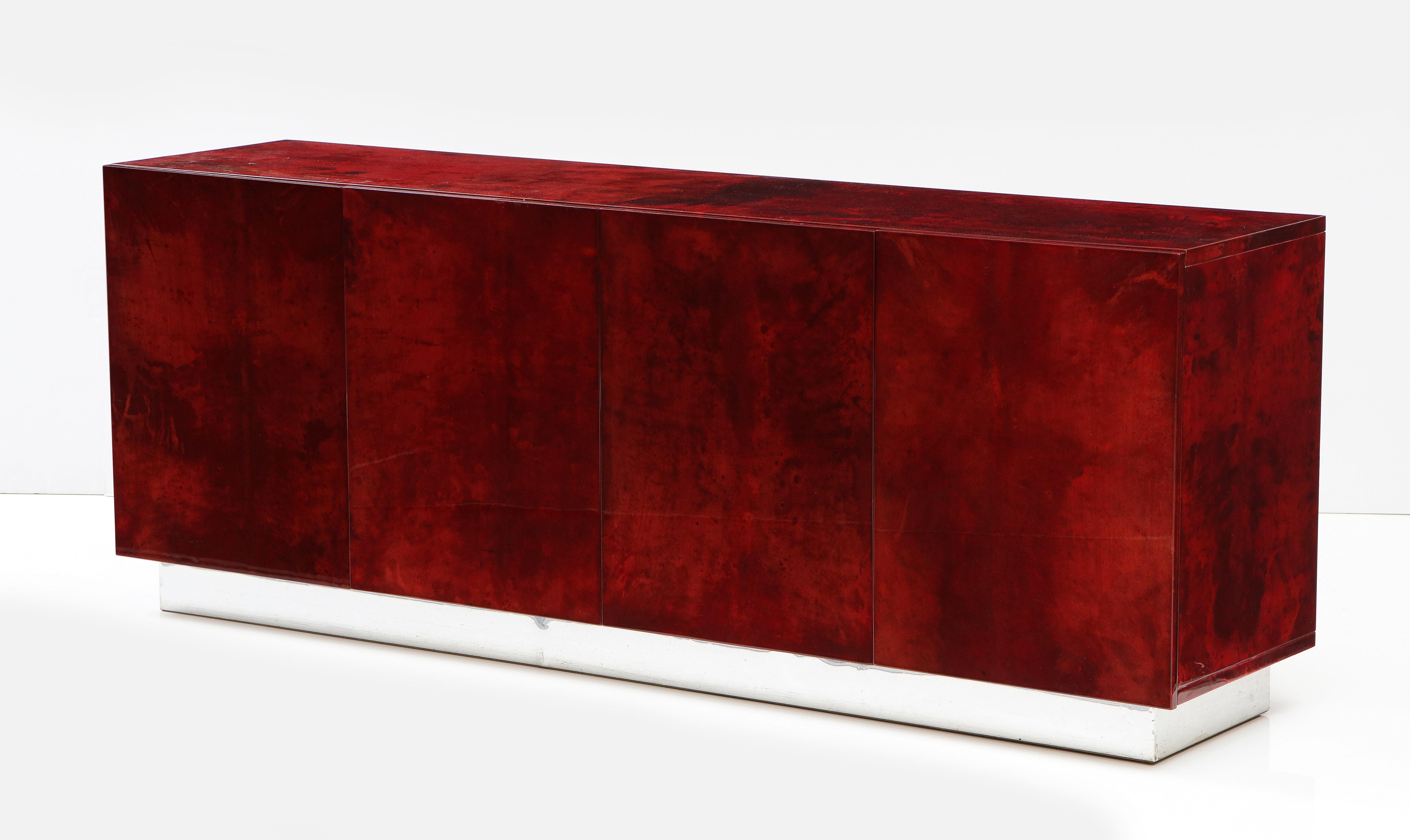 Mid-20th Century Aldo Tura Blood Red Goatskin Cabinet, Chrome Plinth Base, Italy, 1960 For Sale