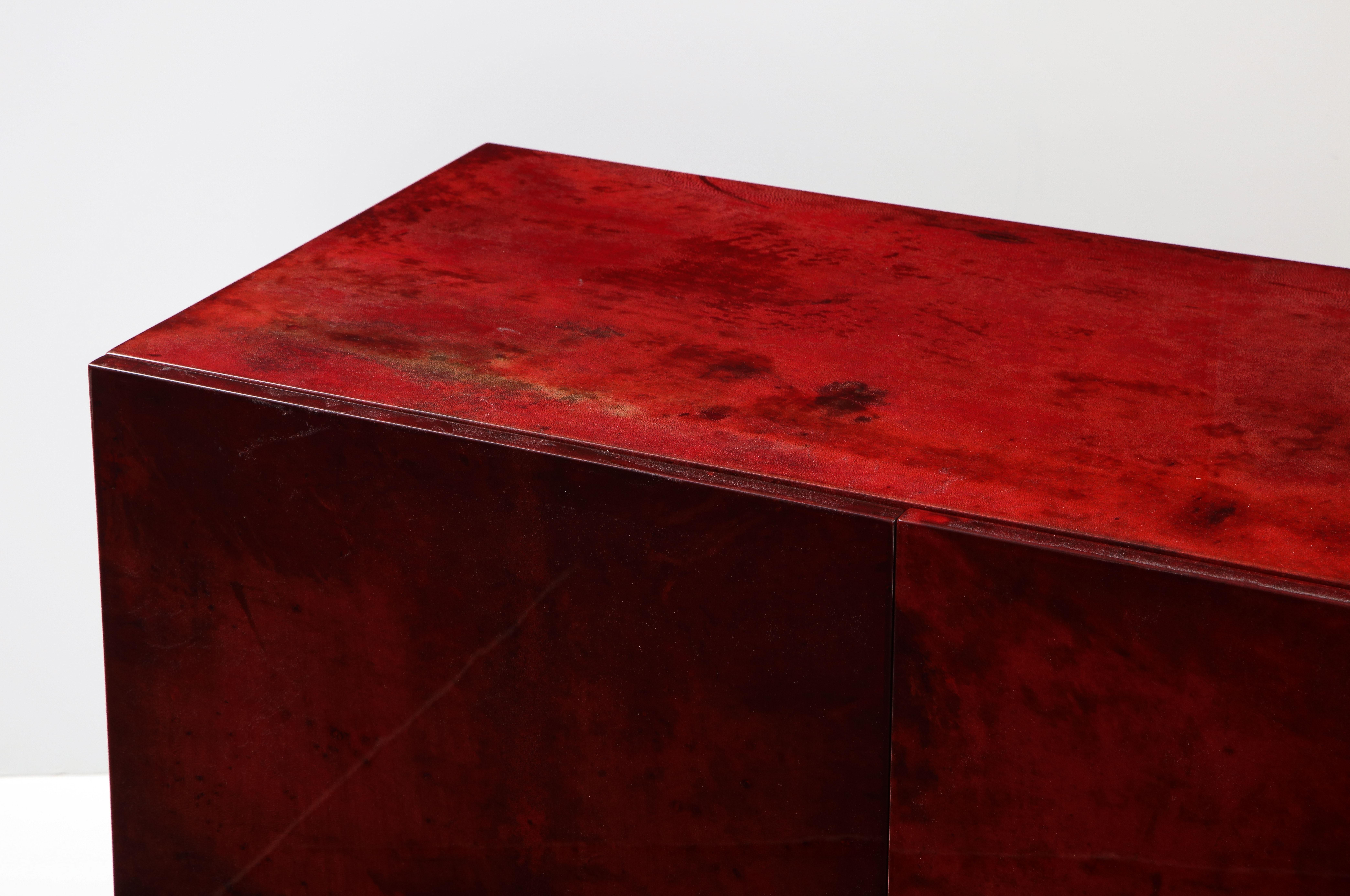 Aldo Tura Blood Red Goatskin Cabinet, Chrome Plinth Base, Italy, 1960 For Sale 1