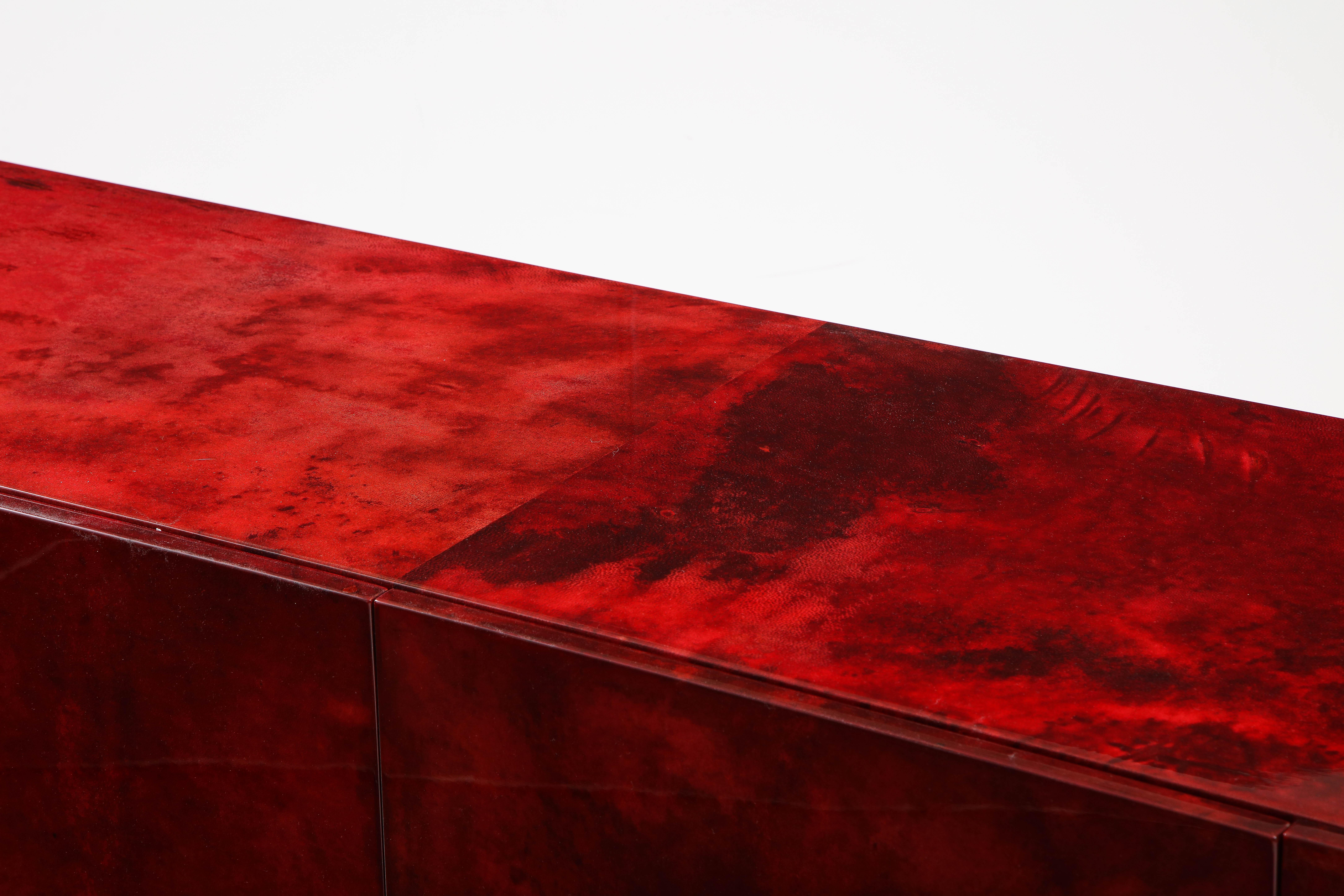 Aldo Tura Blood Red Goatskin Cabinet, Chrome Plinth Base, Italy, 1960 For Sale 2