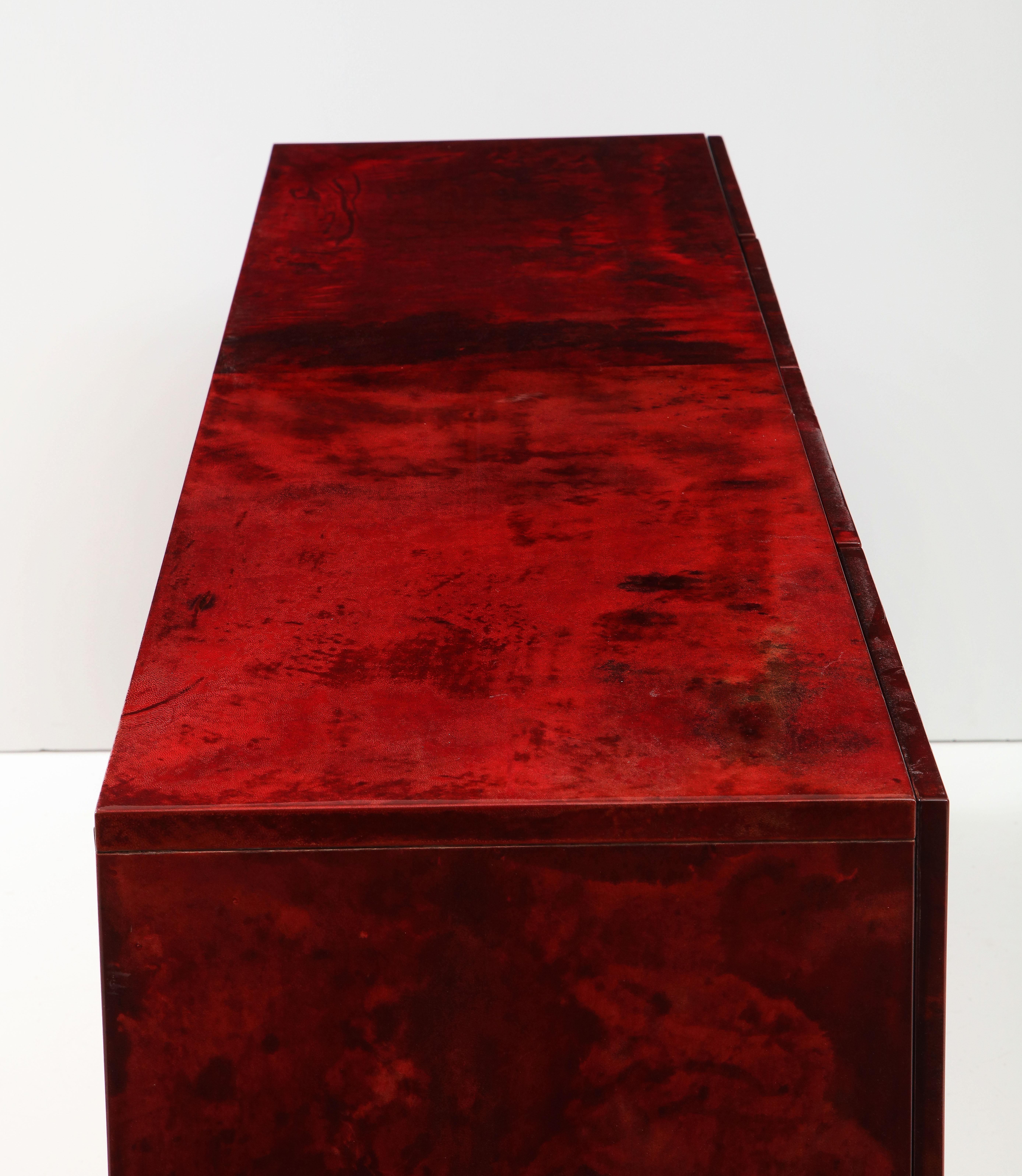 Aldo Tura Blood Red Goatskin Cabinet, Chrome Plinth Base, Italy, 1960 For Sale 3